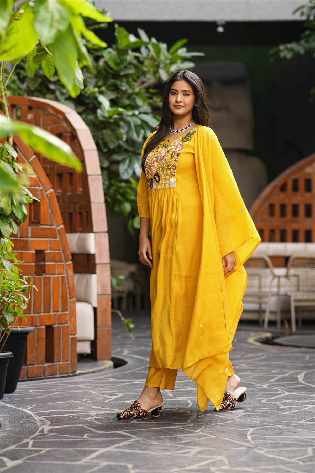 Mul Chanderi Embroidered Mustard Kurti Set With Dupatta