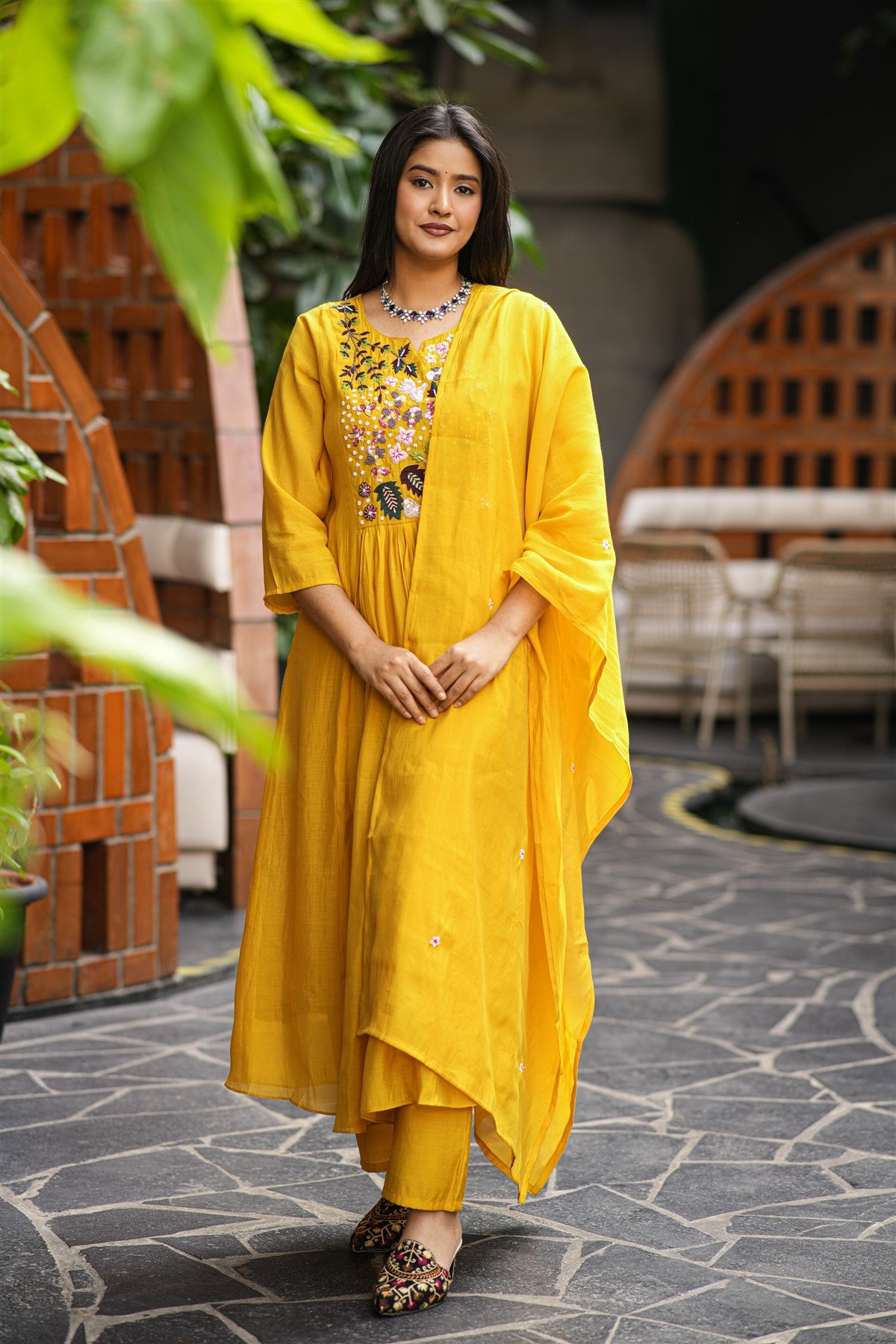 Mul Chanderi Embroidered Mustard Kurti Set With Dupatta