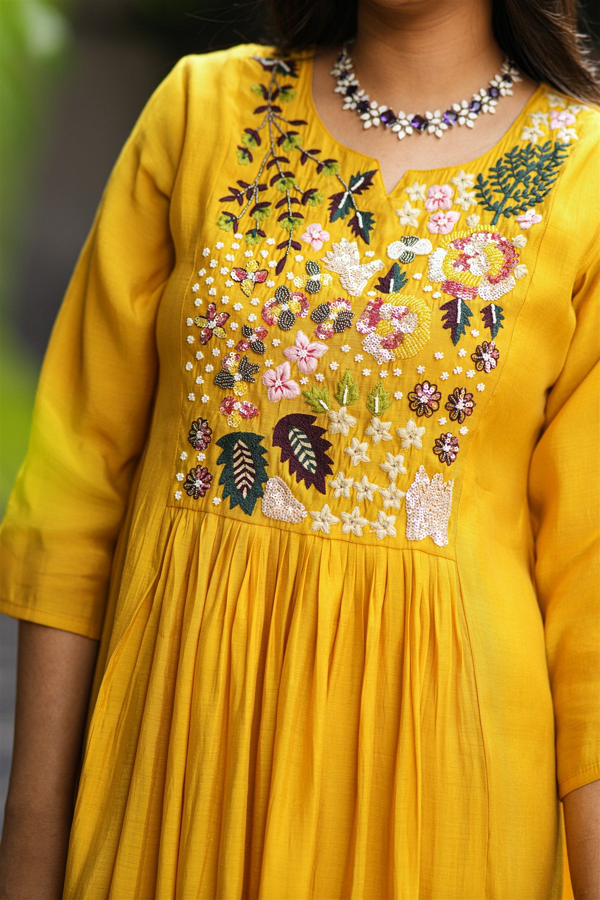 Mul Chanderi Embroidered Mustard Kurti Set With Dupatta