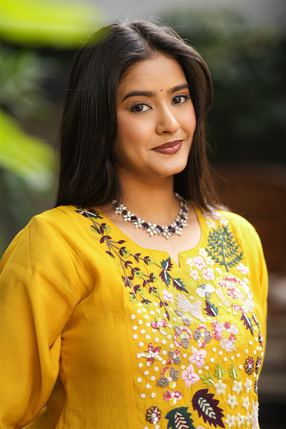 Mul Chanderi Embroidered Mustard Kurti Set With Dupatta