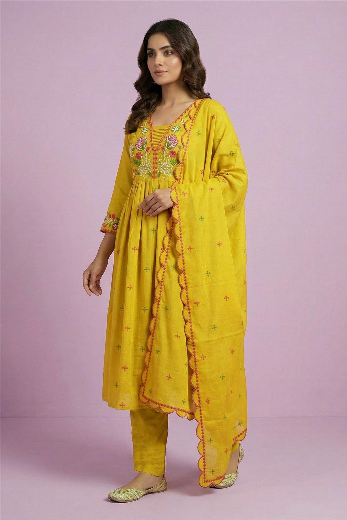 Mul Chanderi Embroidery Yellow Kurti Set With Dupatta