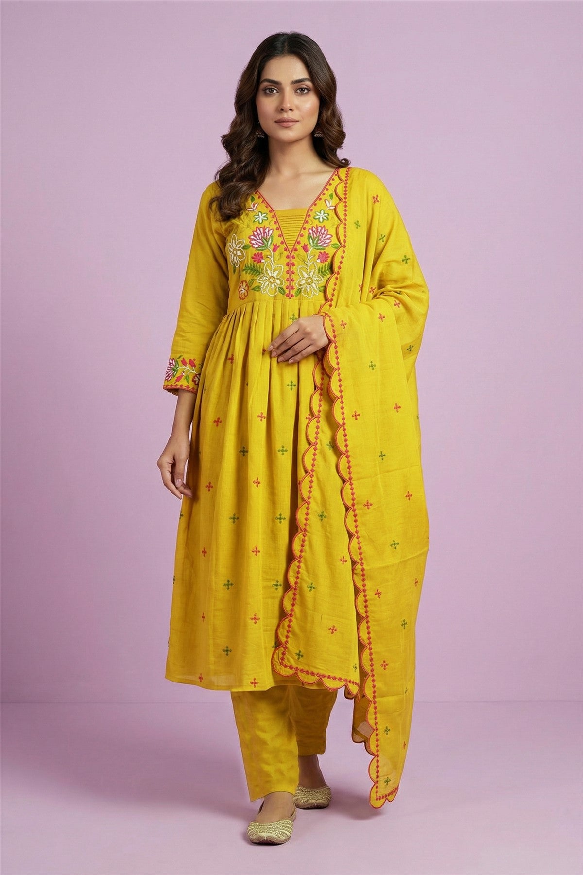 Mul Chanderi Embroidery Yellow Kurti Set With Dupatta