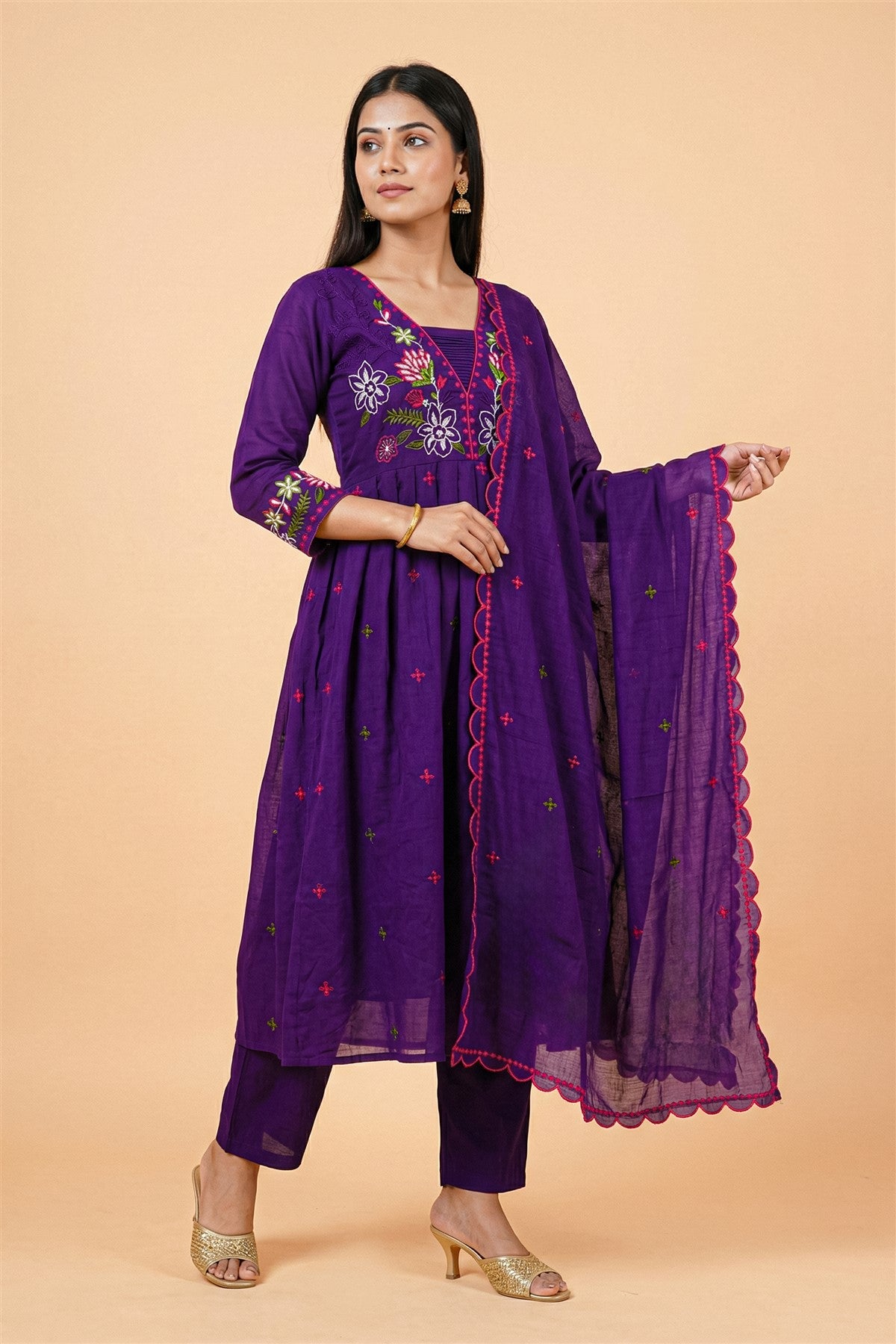 Mul Chanderi Solid Purple Kurti Set With Dupatta