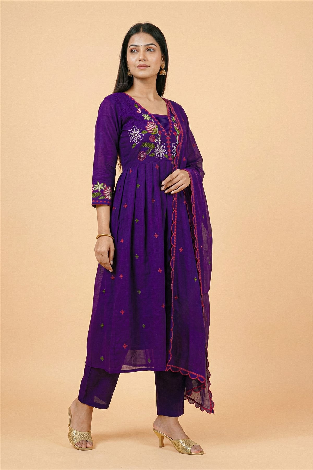 Mul Chanderi Solid Purple Kurti Set With Dupatta
