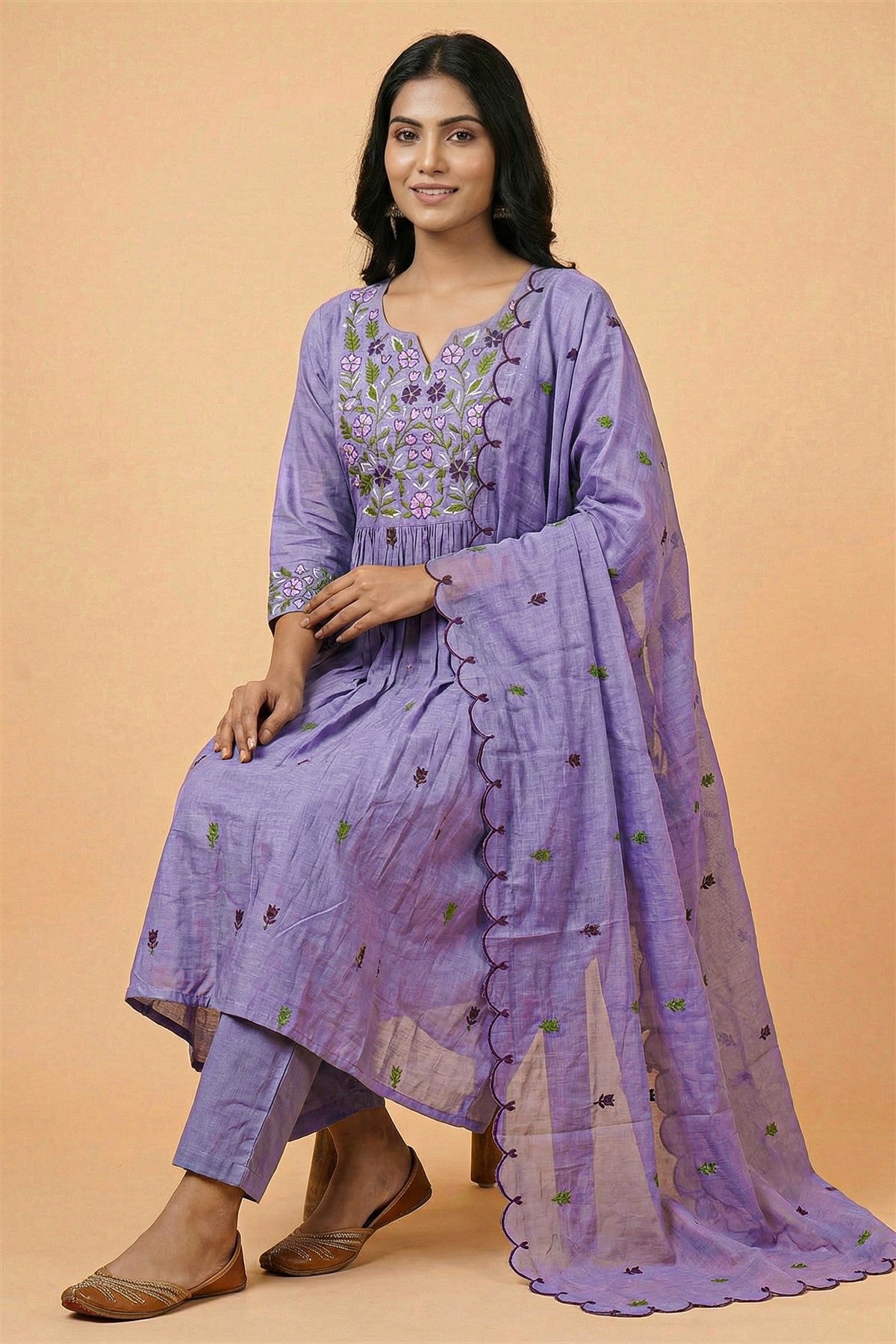 Mul Chanderi Embroidered Lavender Kurti Set With Dupatta