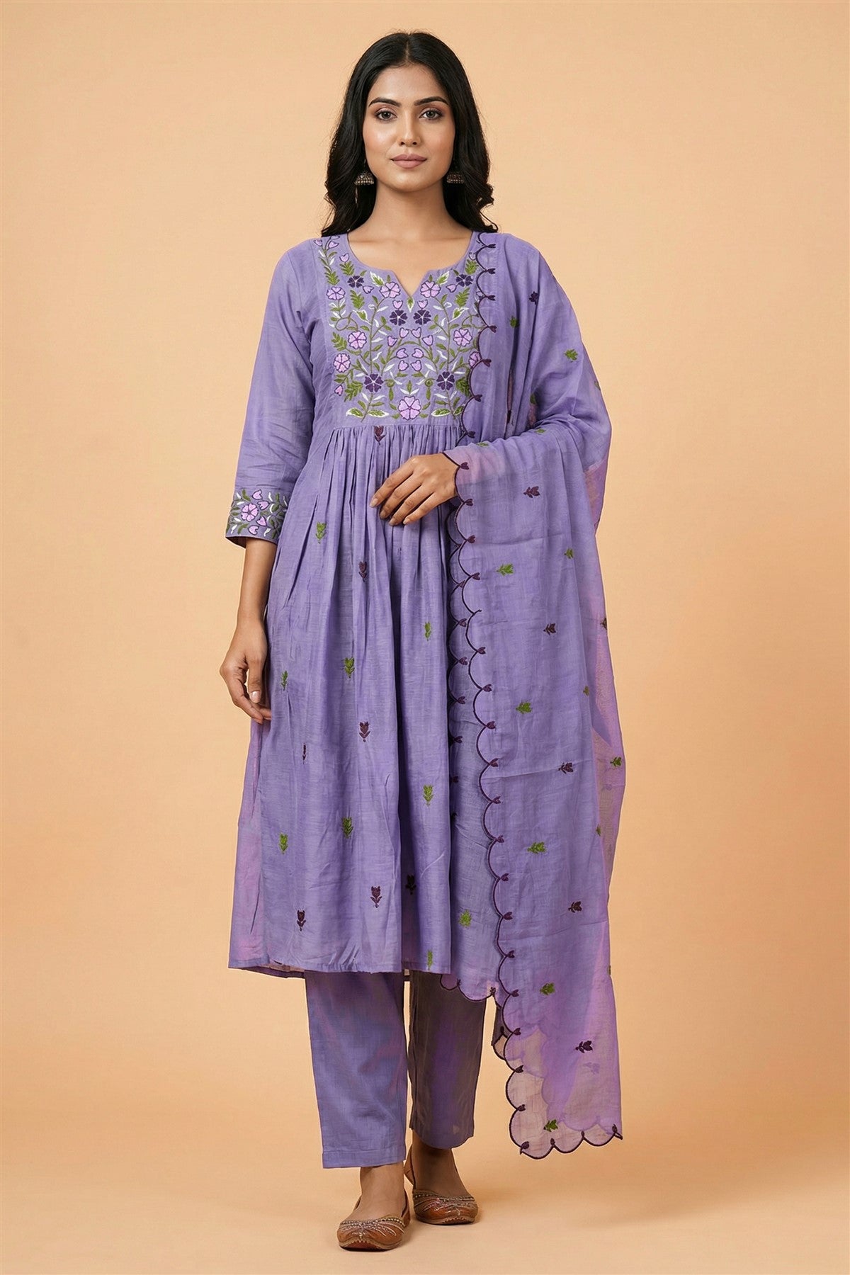 Mul Chanderi Embroidered Lavender Kurti Set With Dupatta
