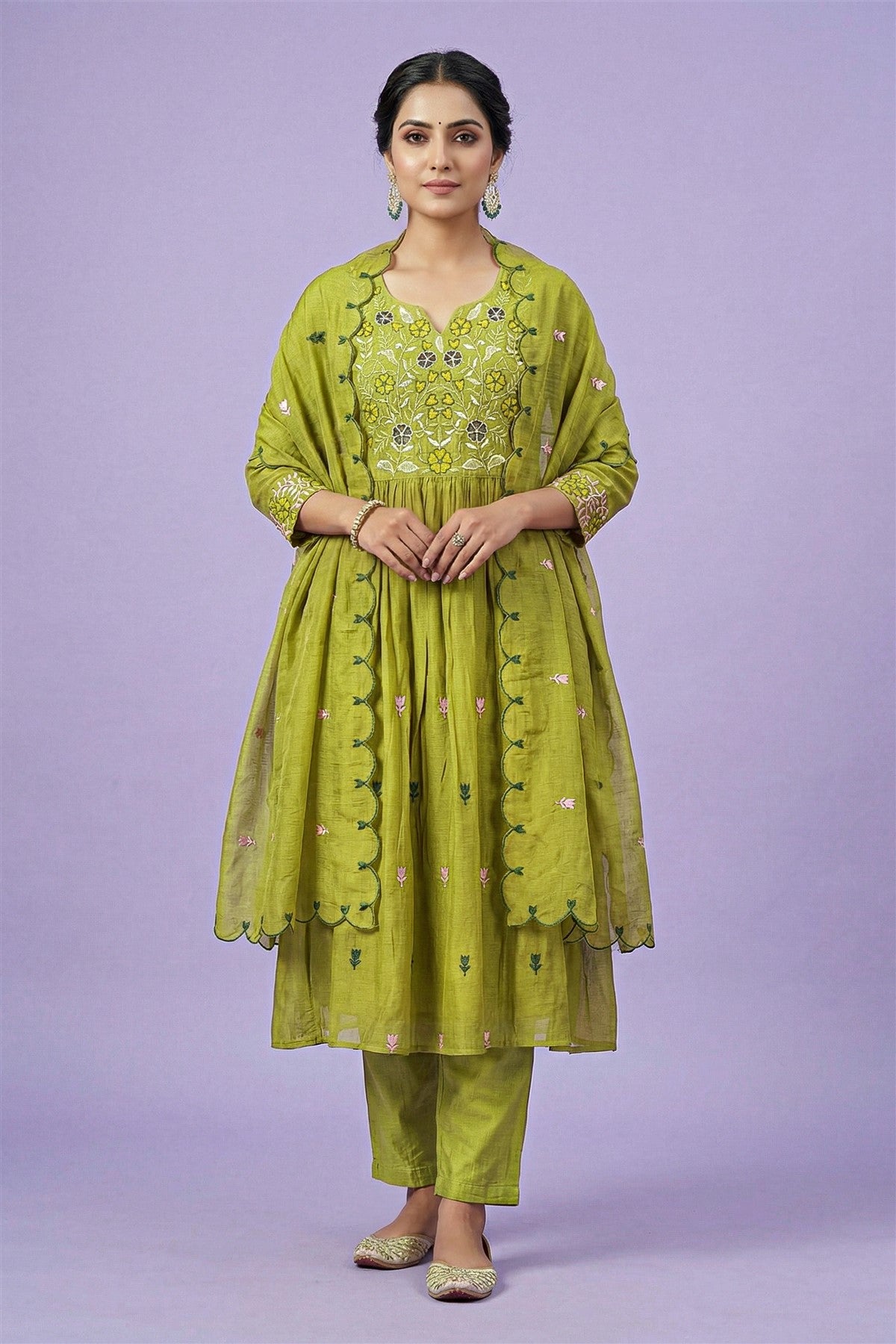 Mul Chanderi Solid Lime Green Kurti Set With Dupatta