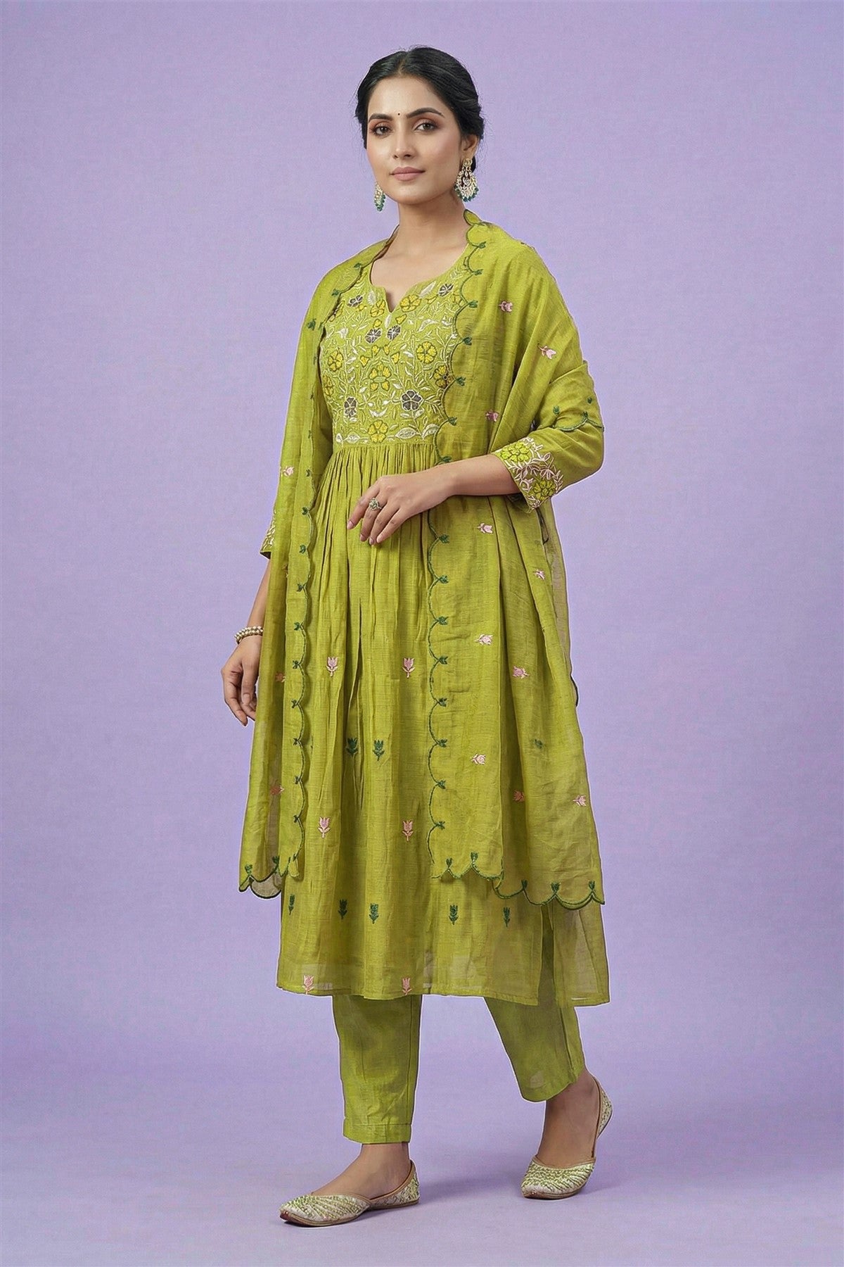 Mul Chanderi Solid Lime Green Kurti Set With Dupatta