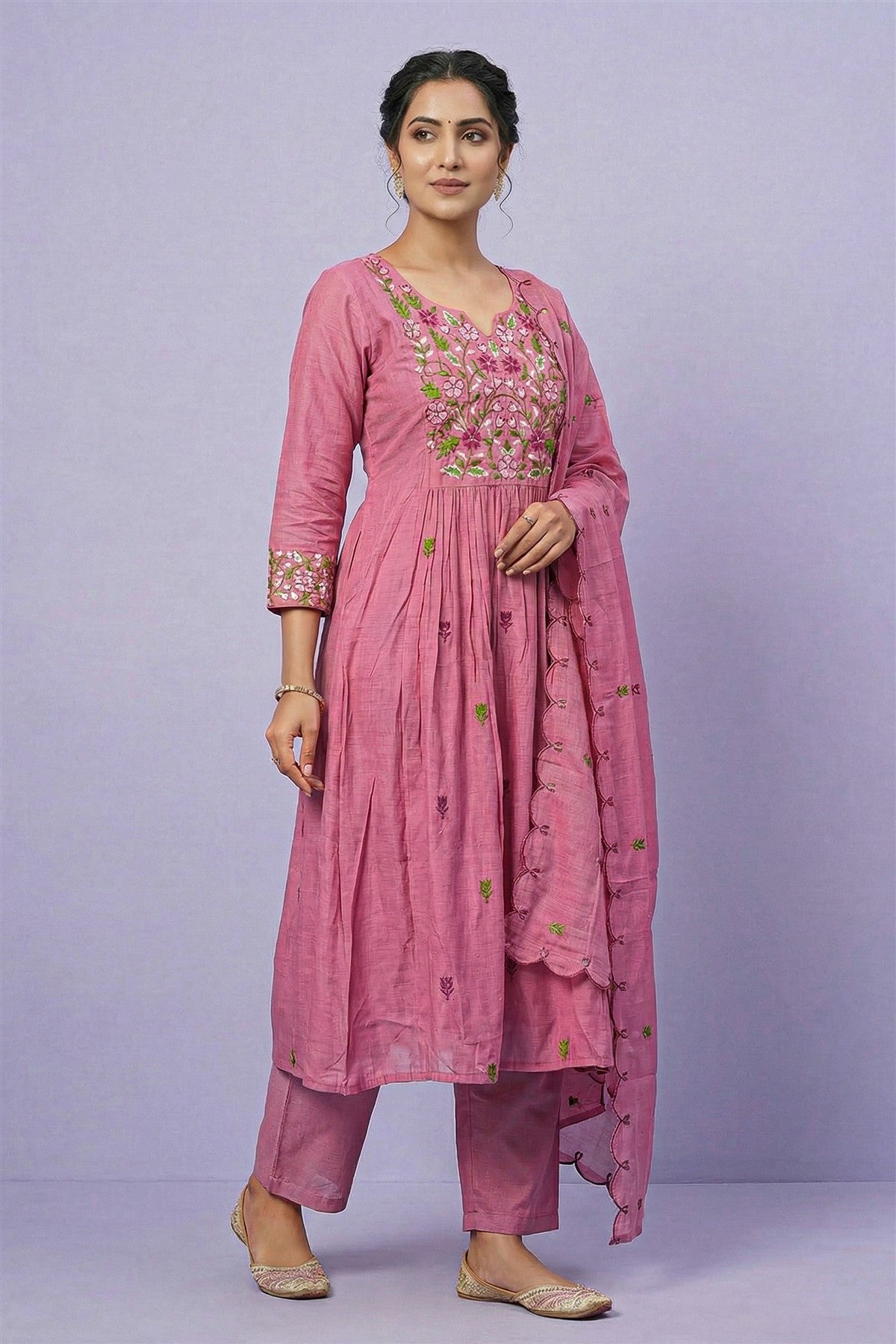 Mul Chanderi Embroidered Peach Kurti Set With Dupatta