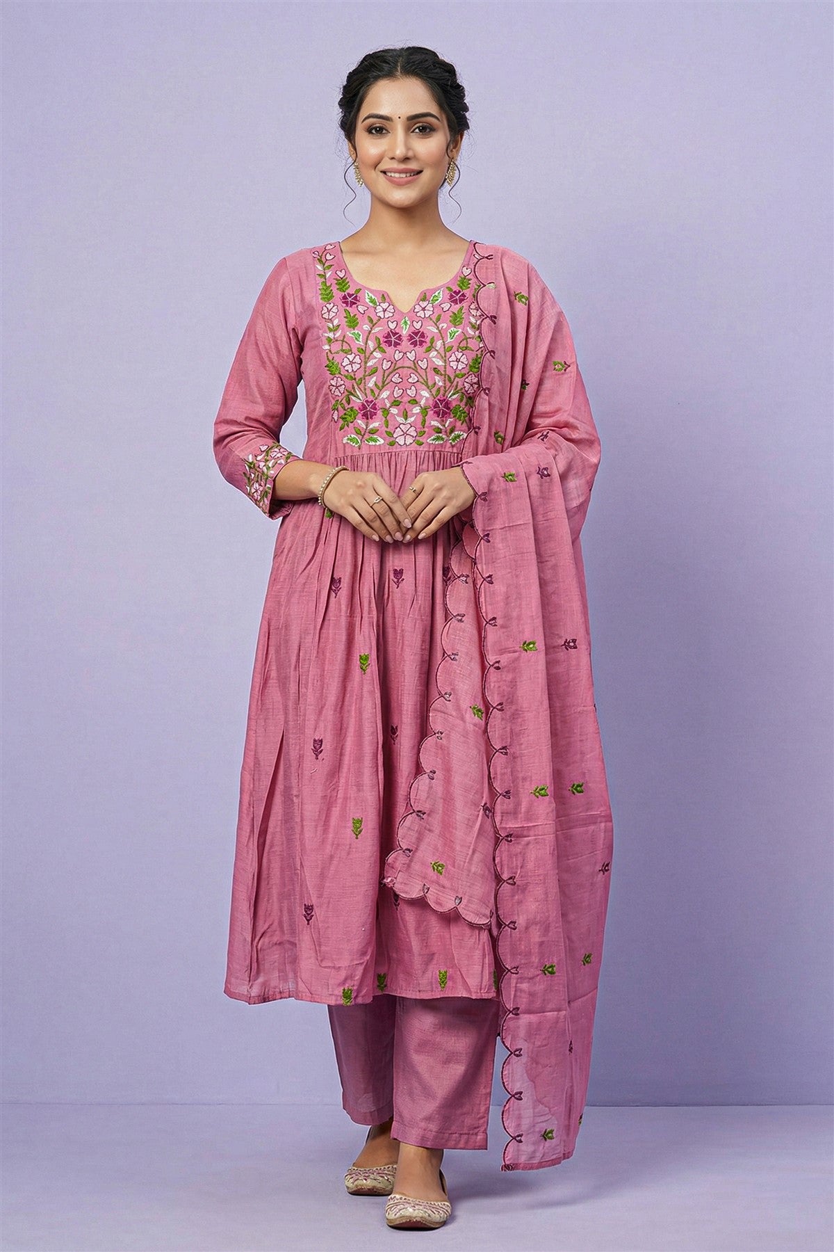 Mul Chanderi Embroidered Peach Kurti Set With Dupatta