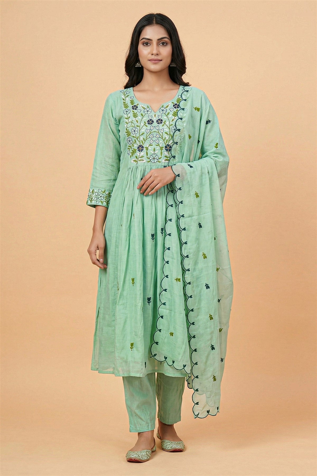 Mul Chanderi Embroidered Sea Green Kurti Set With Dupatta