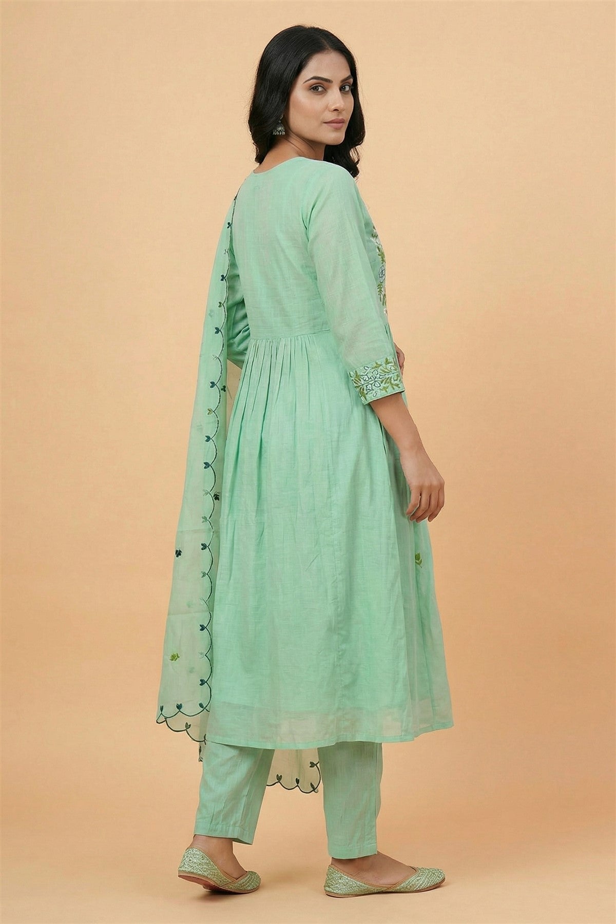 Mul Chanderi Embroidered Sea Green Kurti Set With Dupatta