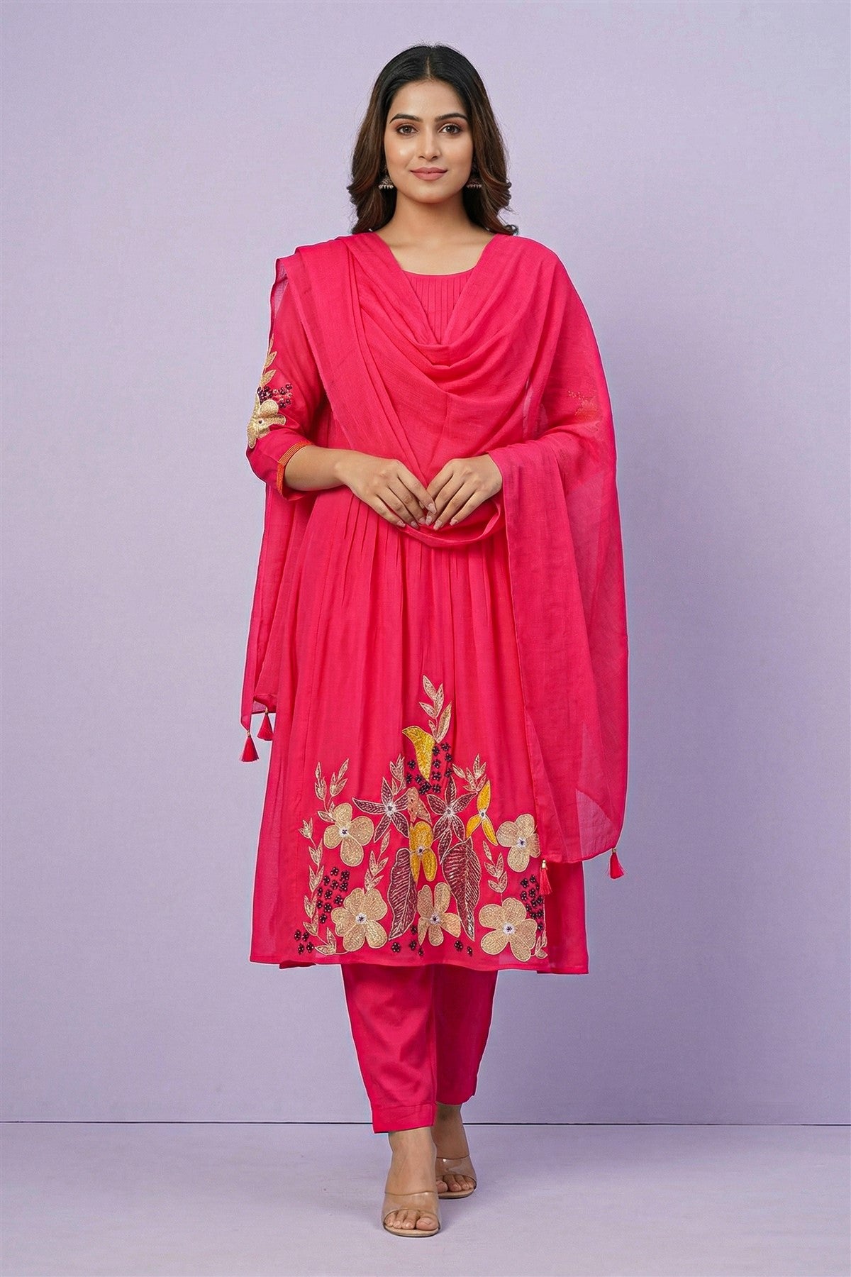 Mul Chanderi Embroidered Pink Kurti Set With Dupatta