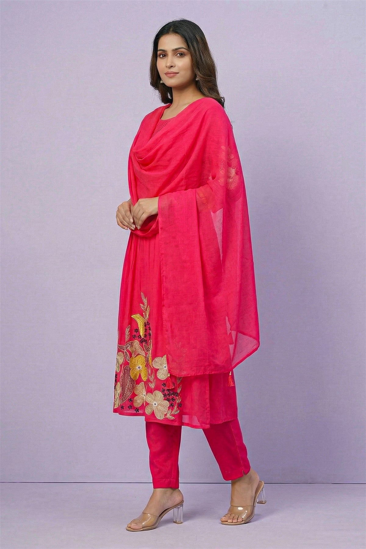 Mul Chanderi Embroidered Pink Kurti Set With Dupatta