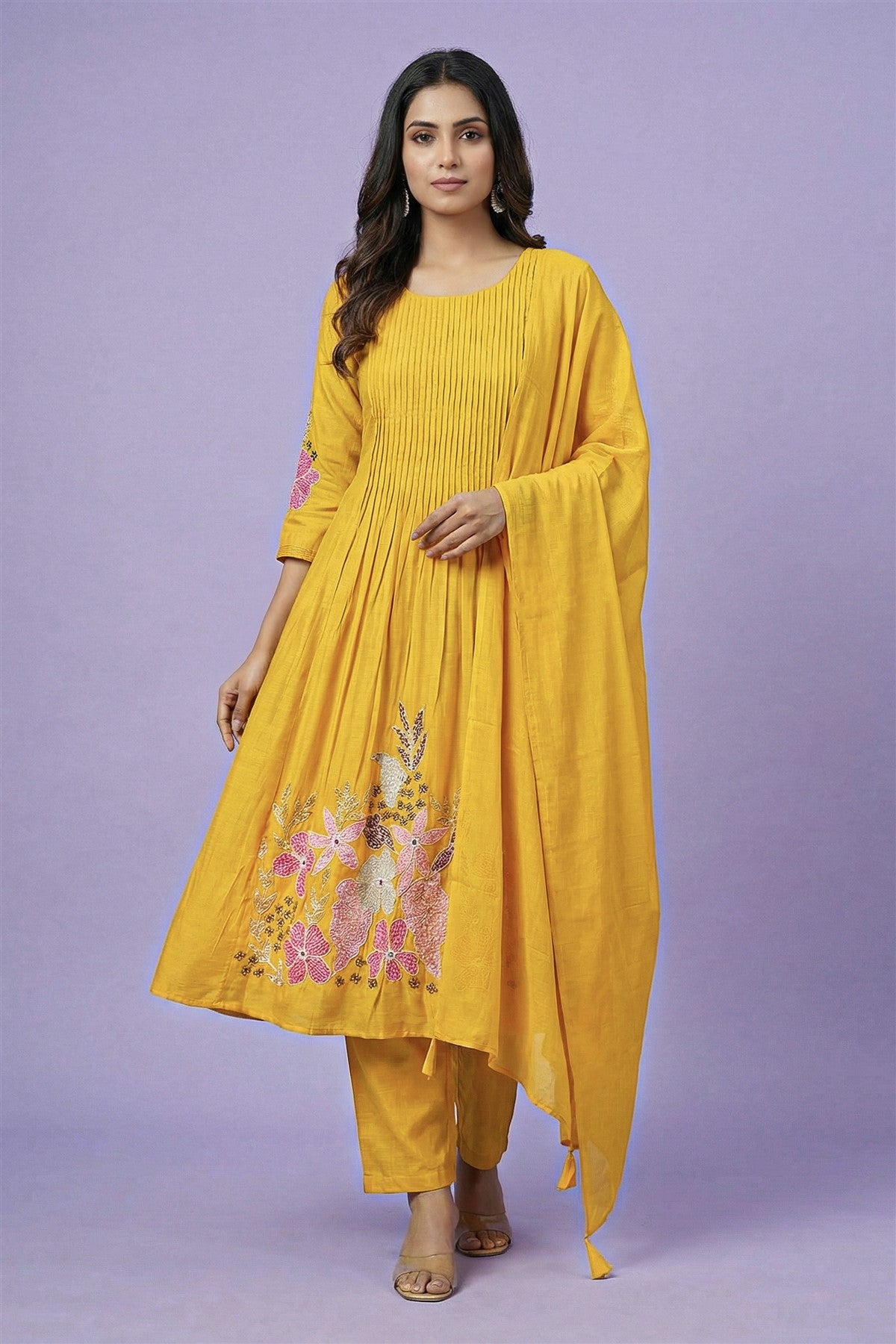 Mul Chanderi Embroidered Yellow Kurti Set With Dupatta