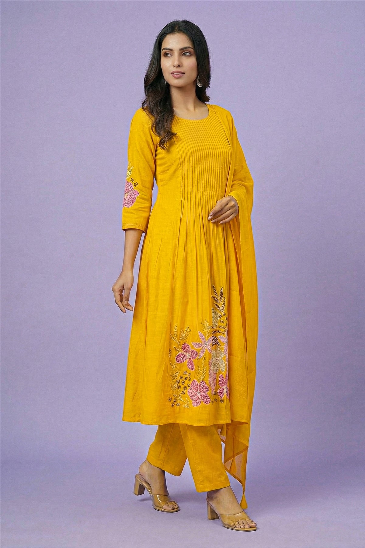 Mul Chanderi Embroidered Yellow Kurti Set With Dupatta