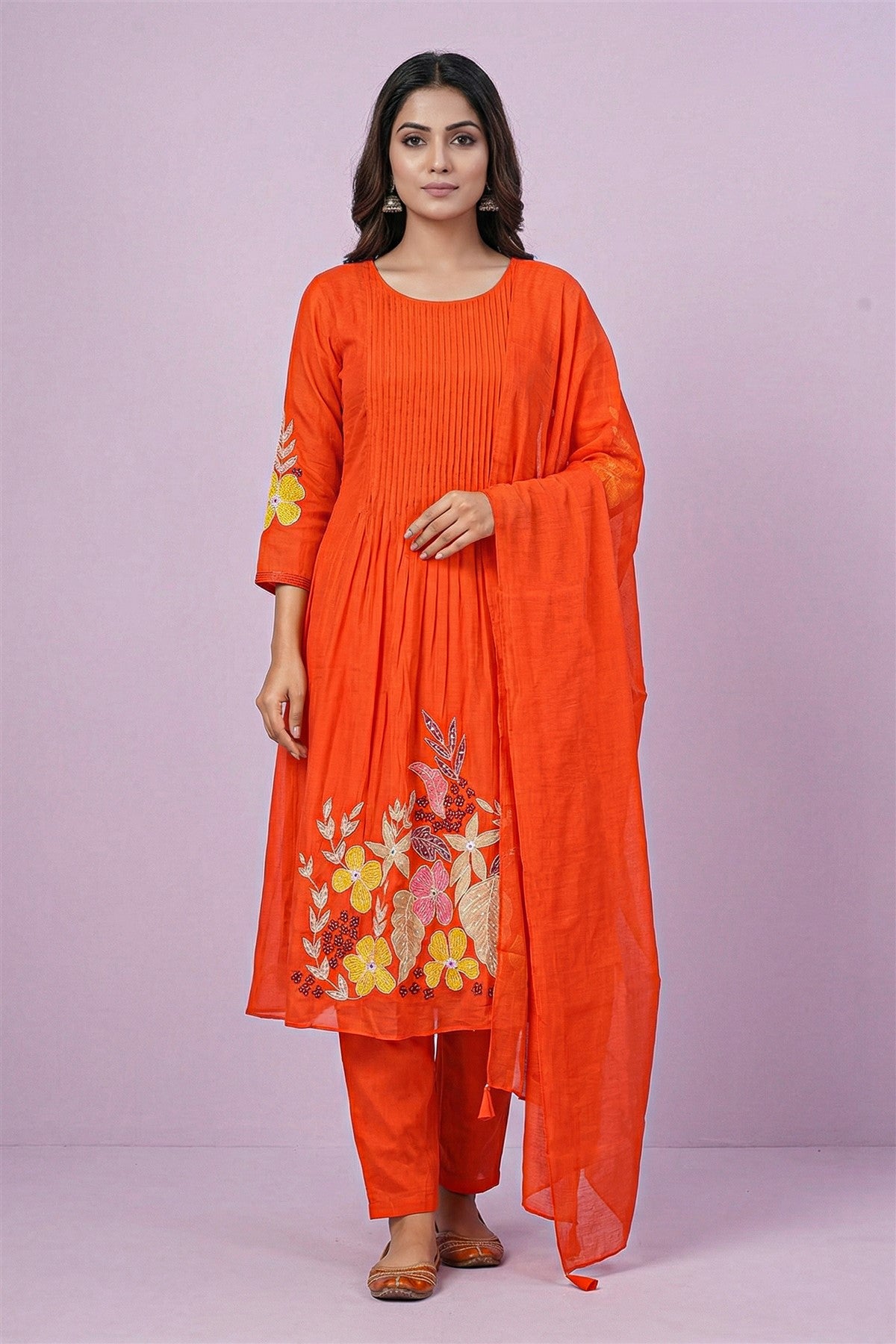Mul Chanderi Work Rust Kurta