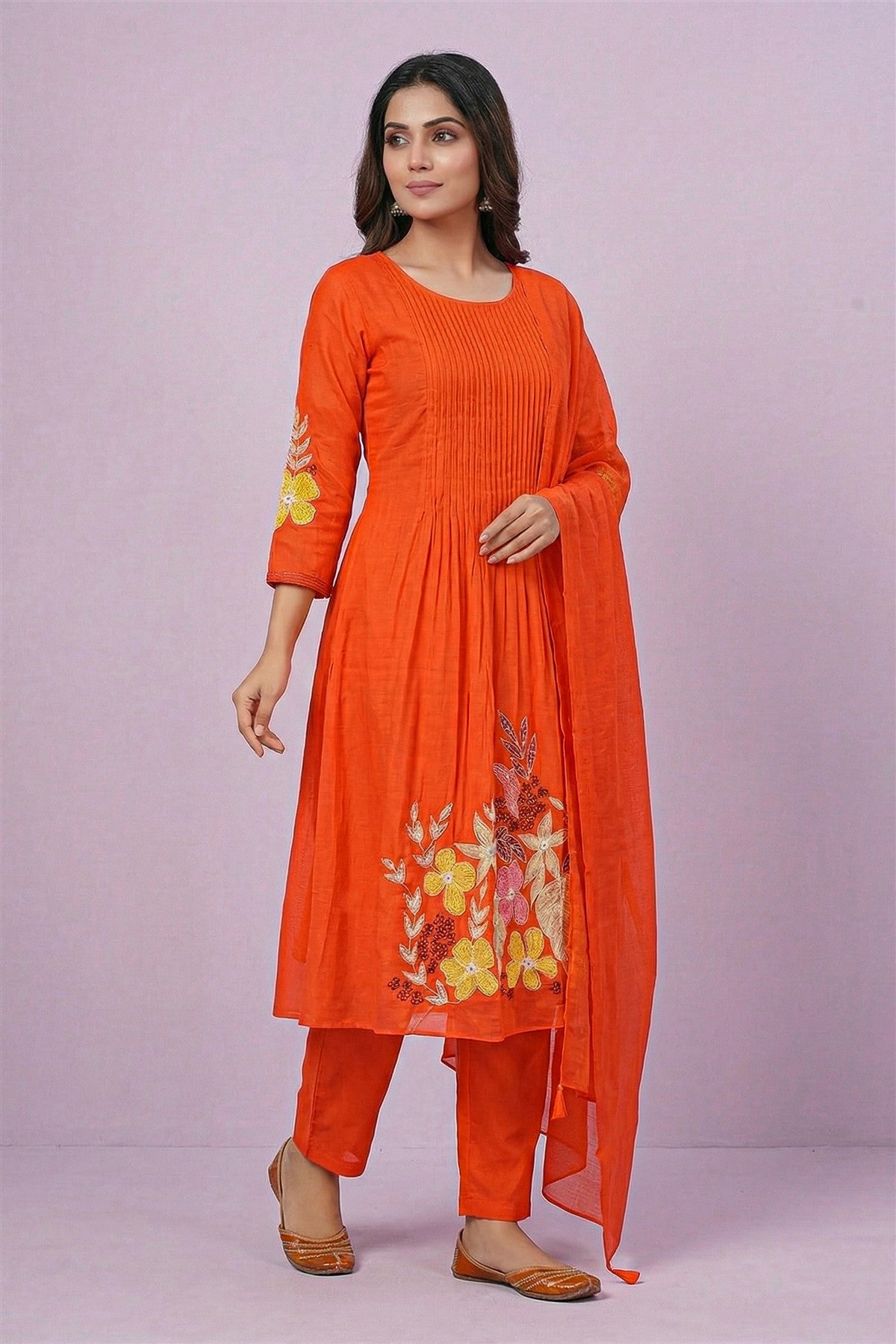 Mul Chanderi Work Rust Kurta