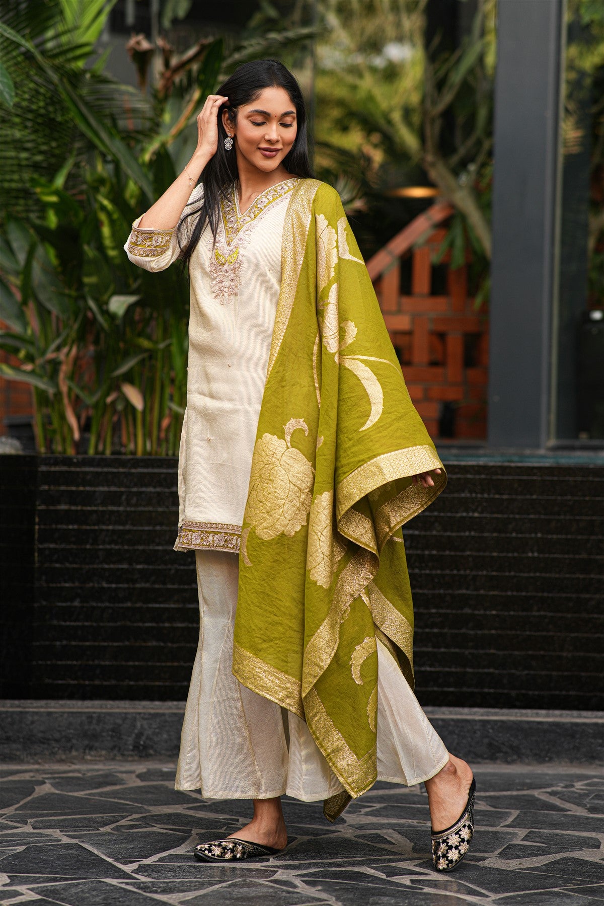 Shimmer Cream And Pink V Neck Sharara Suit