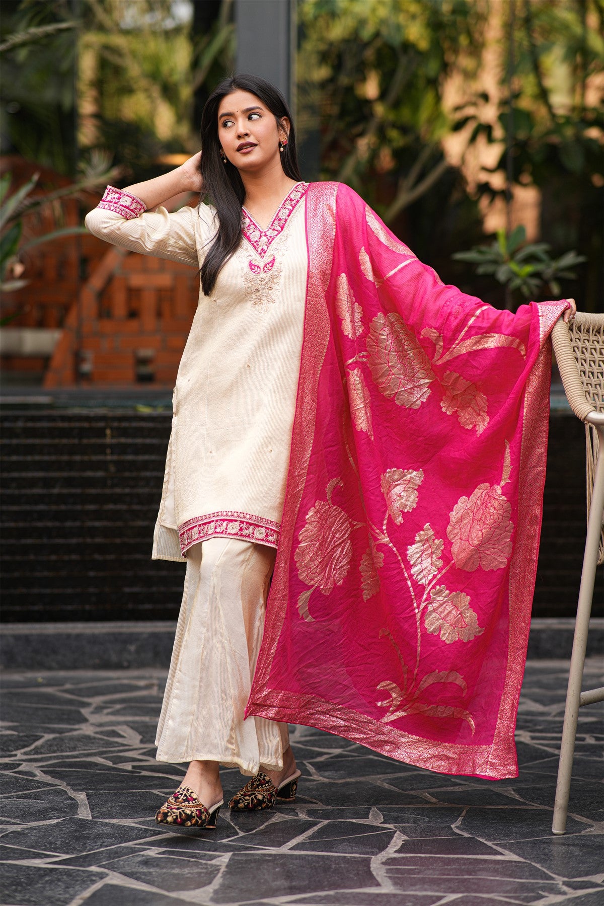 Shimmer Cream And Pink V Neck Sharara Suit