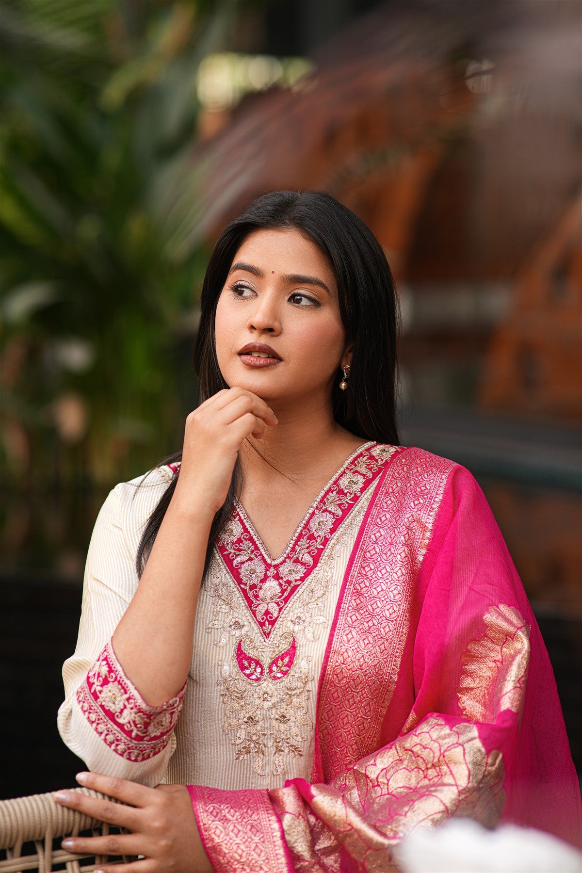 Shimmer Cream And Pink V Neck Sharara Suit