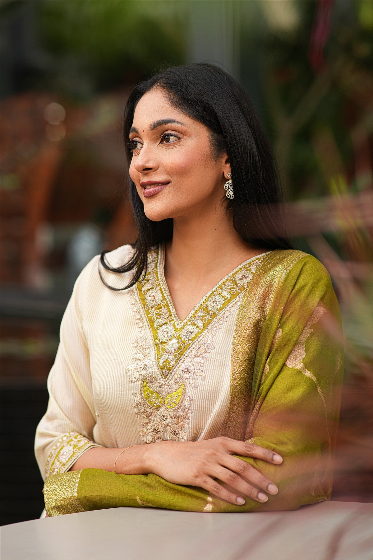 Shimmer Cream And Pink V Neck Sharara Suit