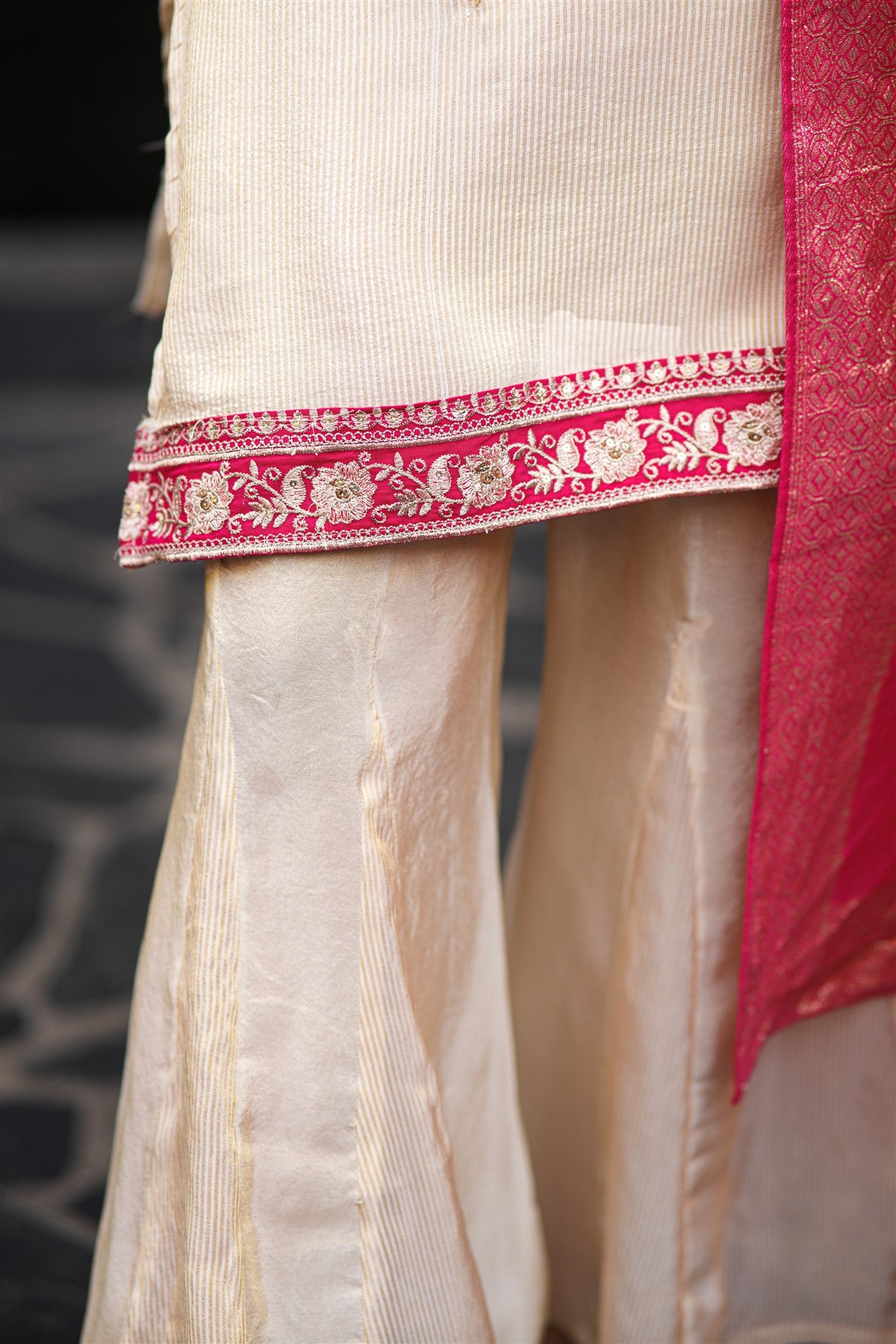 Shimmer Cream And Pink V Neck Sharara Suit