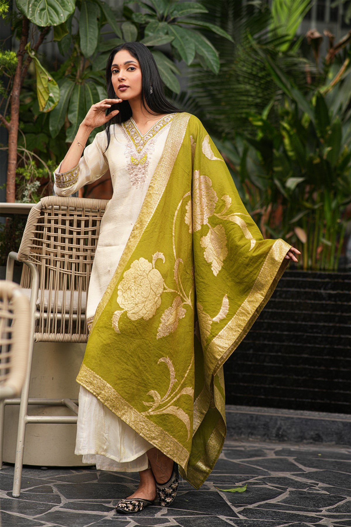 Chanderi Silk Embroidered Olive Green Kurti Set With Dupatta