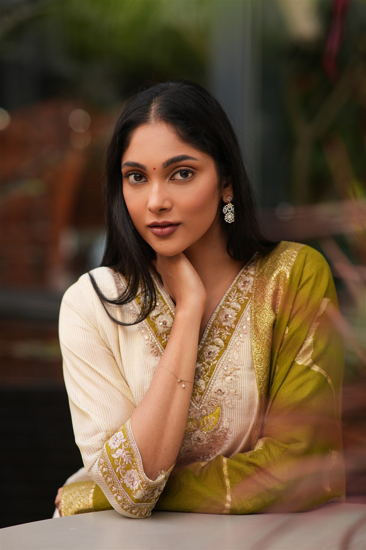 Chanderi Silk Embroidered Olive Green Kurti Set With Dupatta