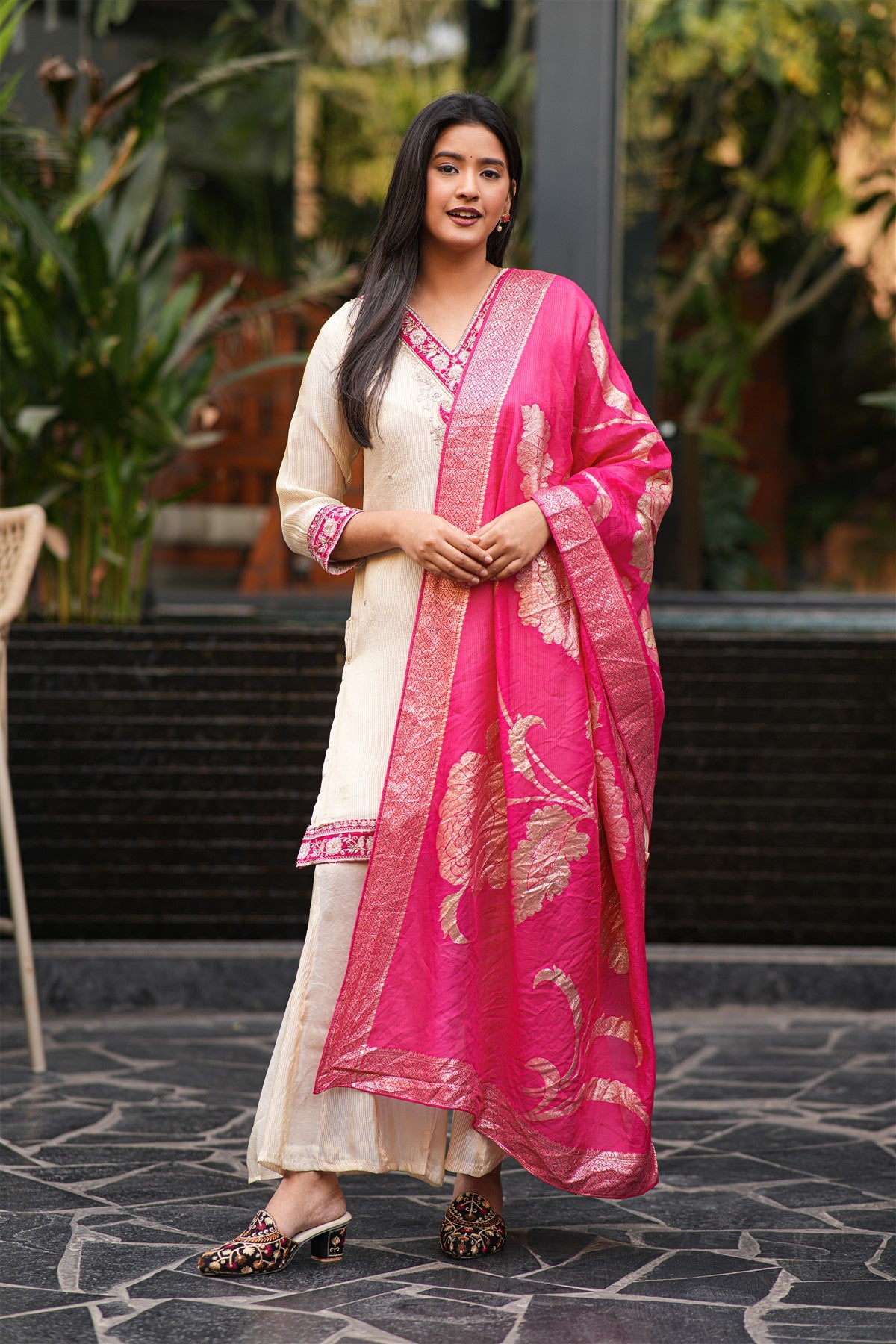 Chanderi Silk Embroidered Pink And Cream Kurti Set With Dupatta
