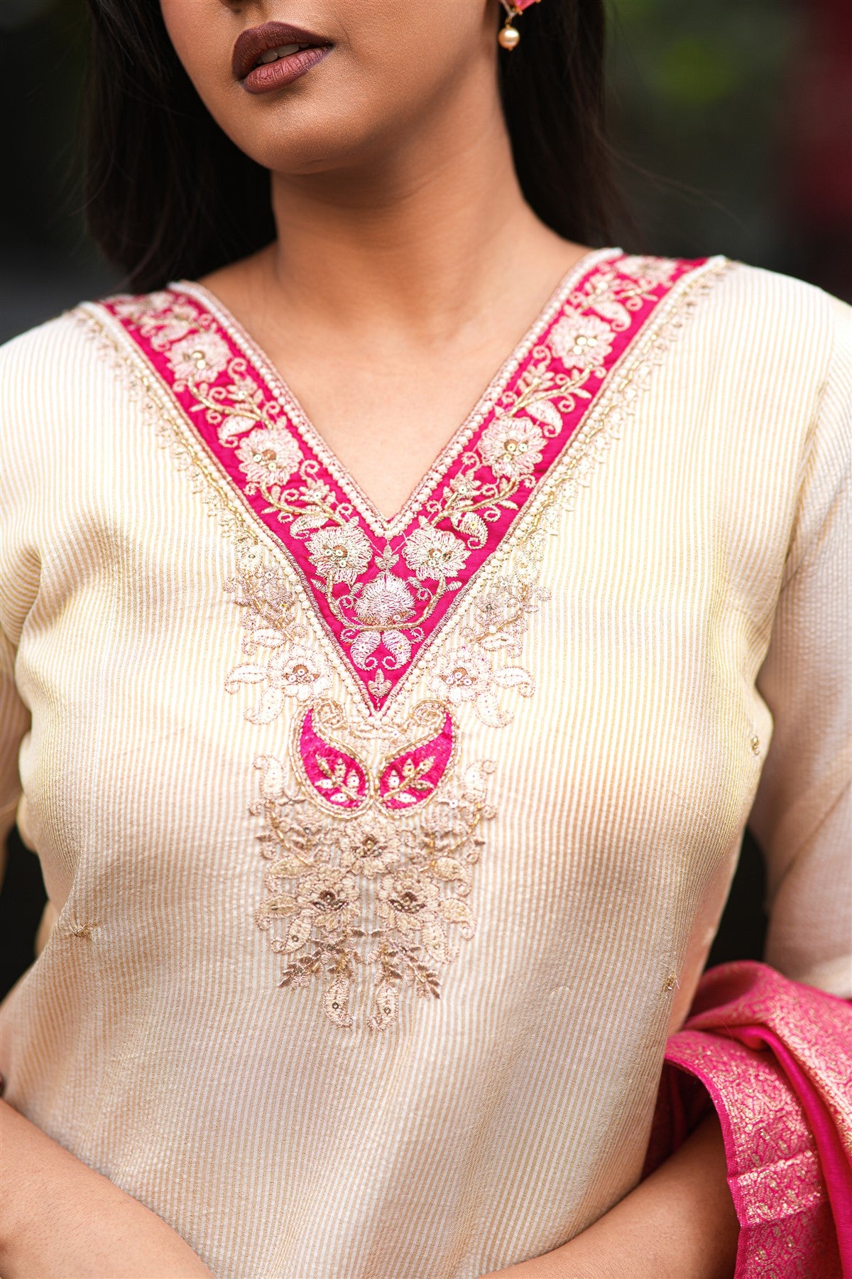 Chanderi Silk Embroidered Pink And Cream Kurti Set With Dupatta