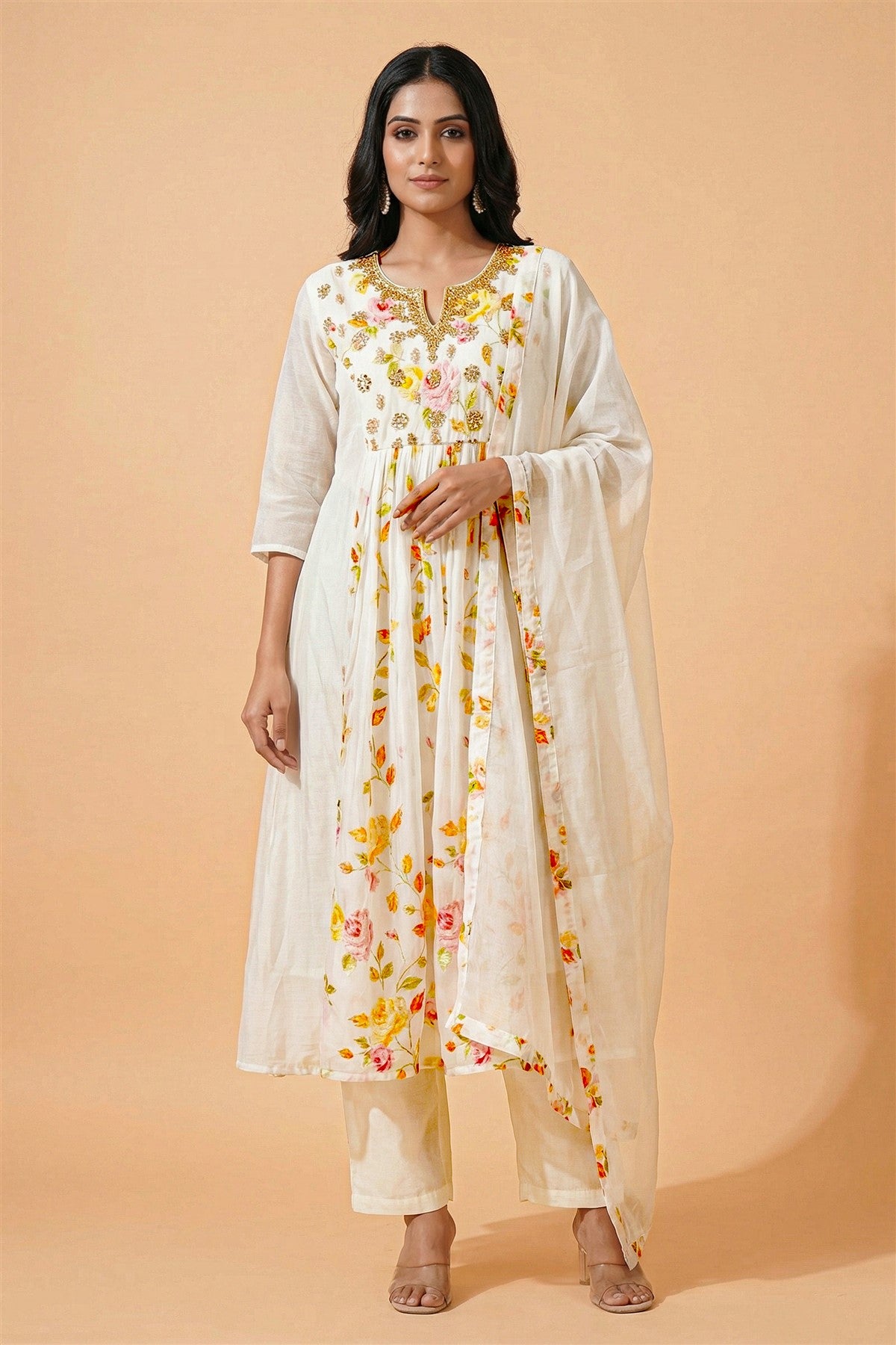 Mul Chanderi Solid Off White Kurti Set With Dupatta