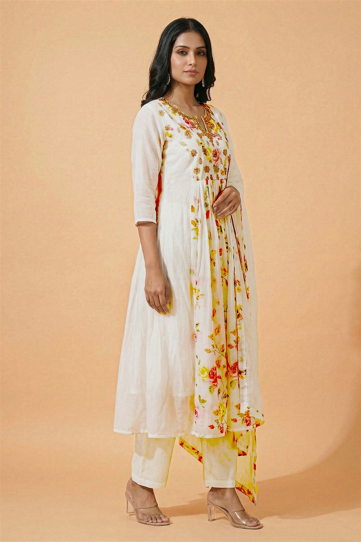 Mul Chanderi Solid Off White Kurti Set With Dupatta