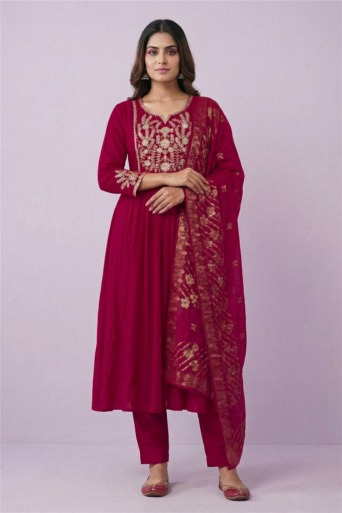 Mul Chanderi Solid Magenta Kurti Set With Dupatta