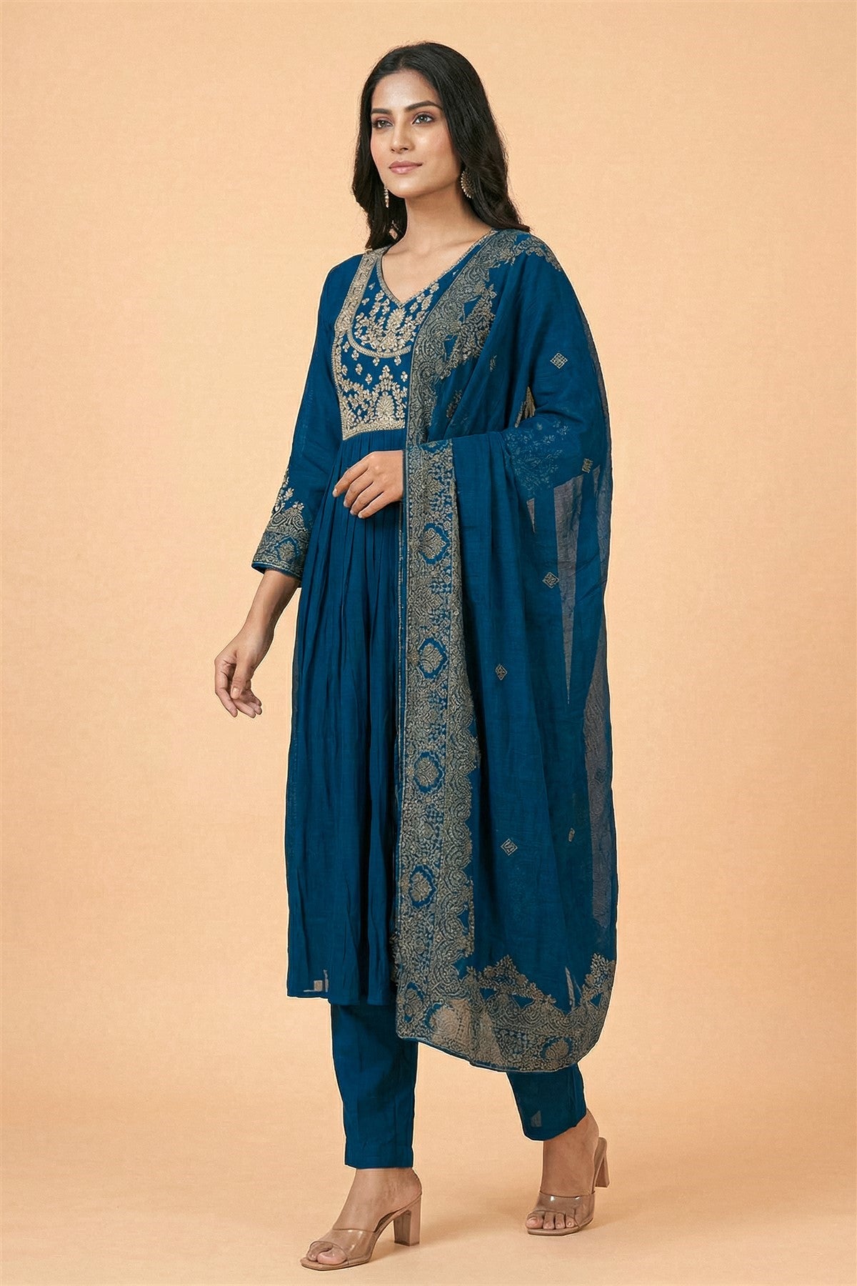 Mul Chanderi Solid Teal Blue Kurti Set With Dupatta