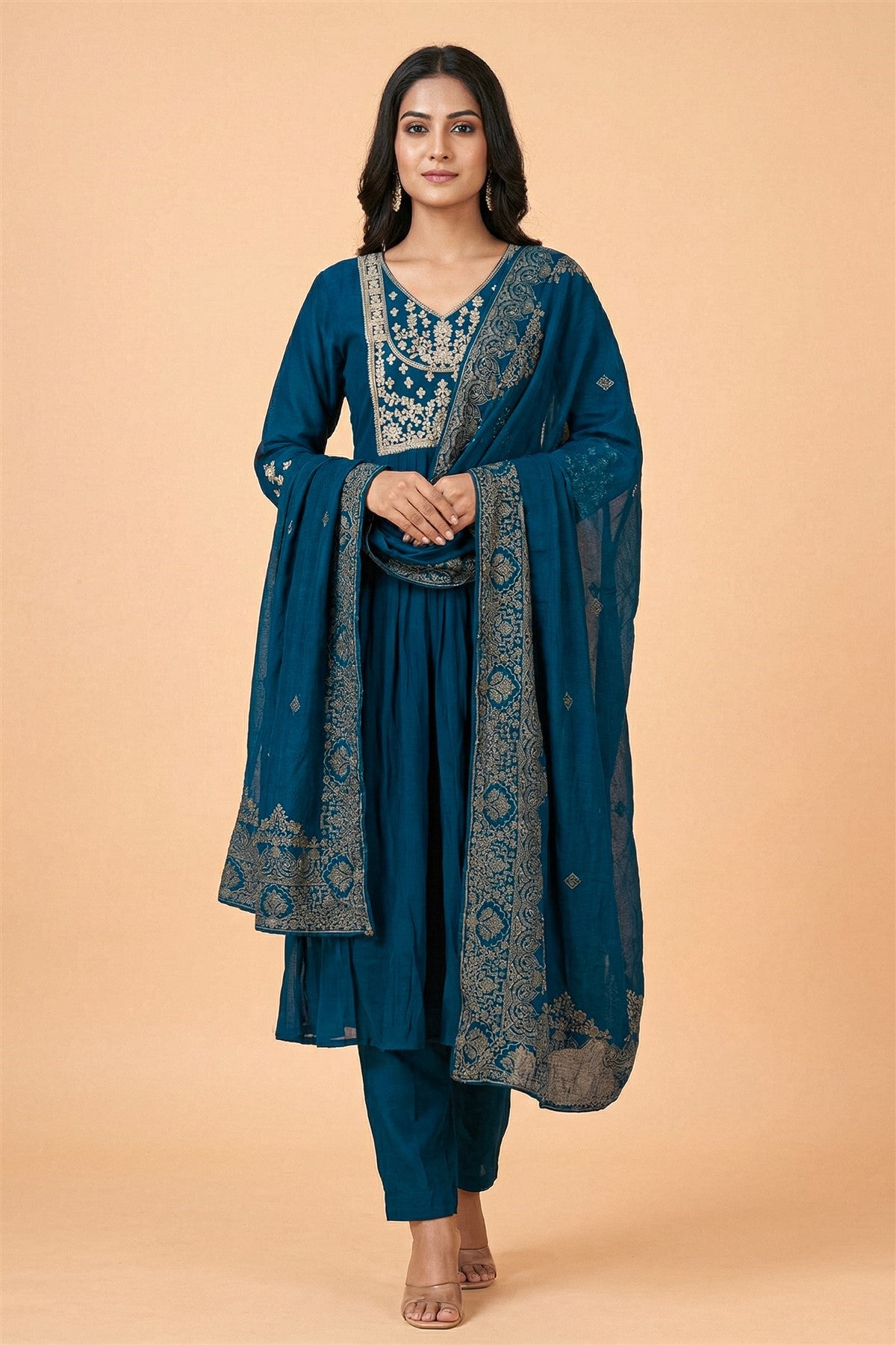 Mul Chanderi Solid Teal Blue Kurti Set With Dupatta