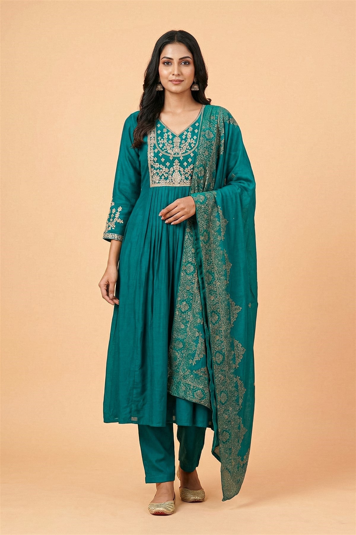 Mul Chanderi Embroidery Teal Blue Kurti Set With Dupatta