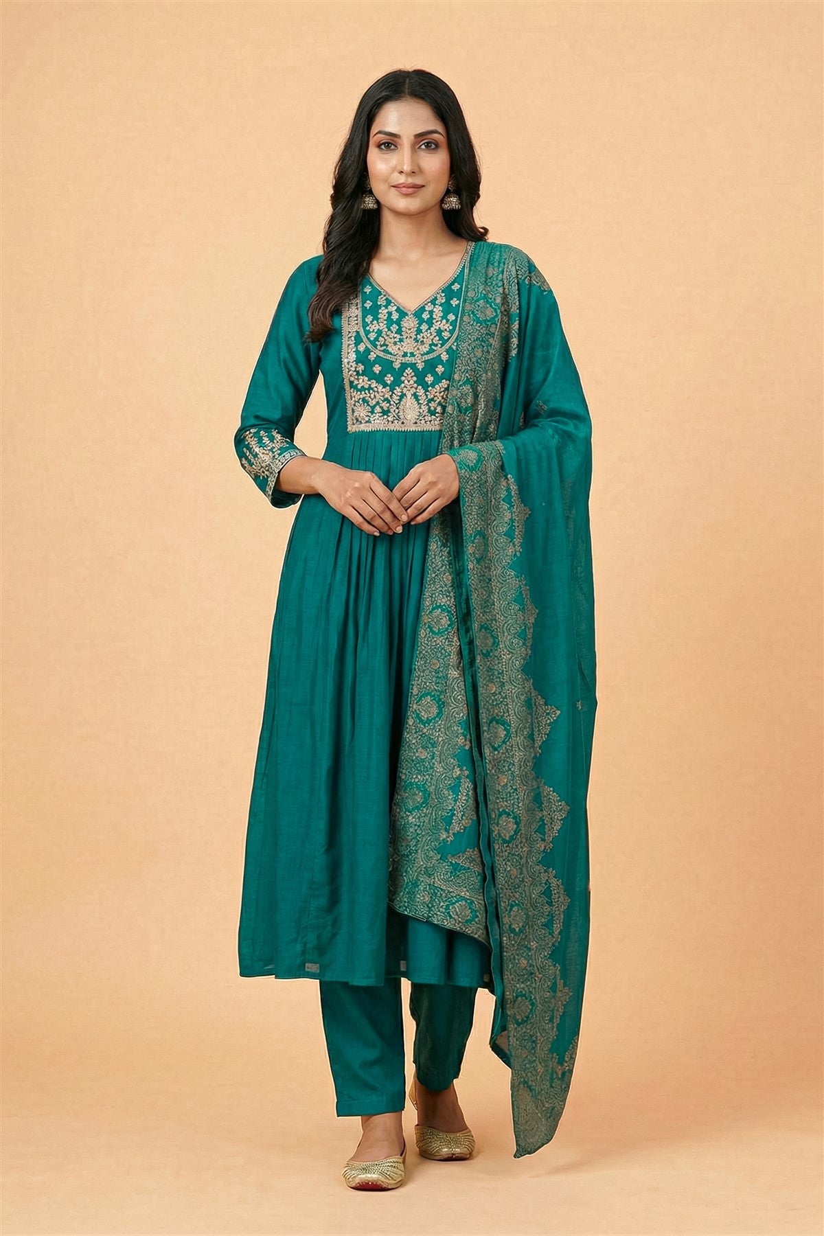 Mul Chanderi Embroidery Teal Blue Kurti Set With Dupatta