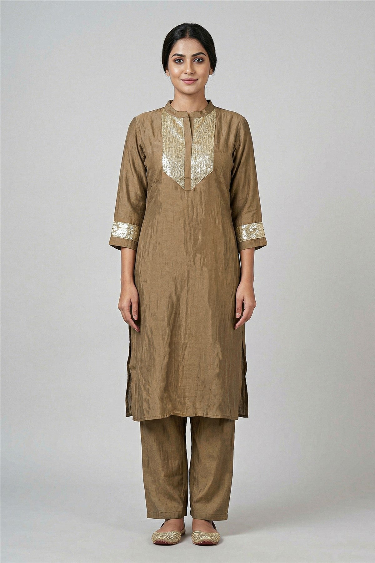 Mul Chanderi Solid Brown Kurti Set