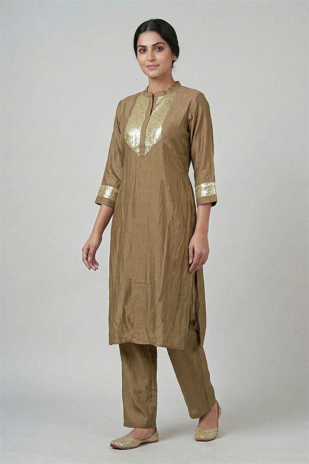 Mul Chanderi Solid Brown Kurti Set