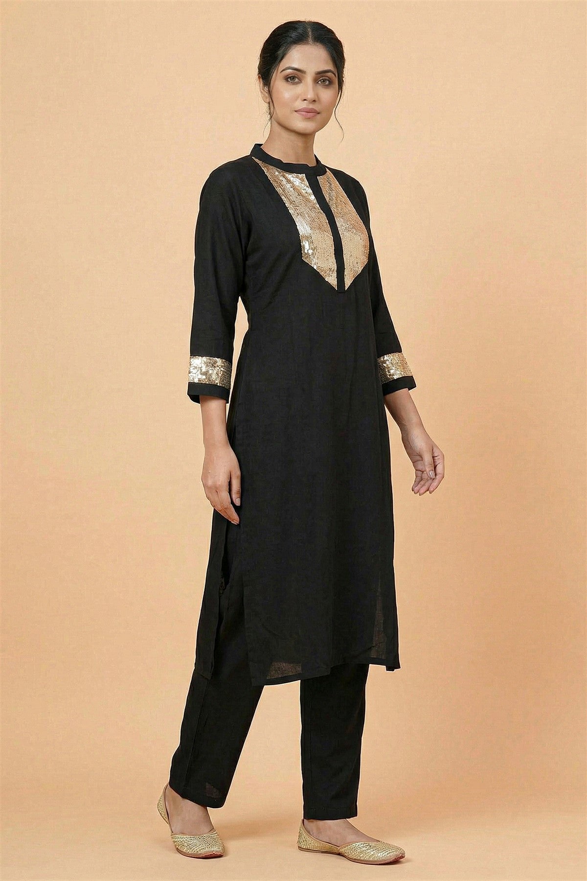 Mul Chanderi Solid Black Kurti Set