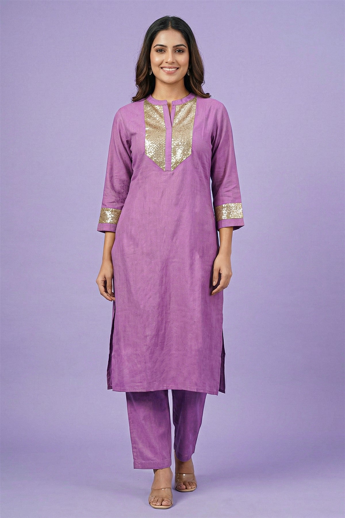 Mul Chanderi Solid Mauve Kurti Set