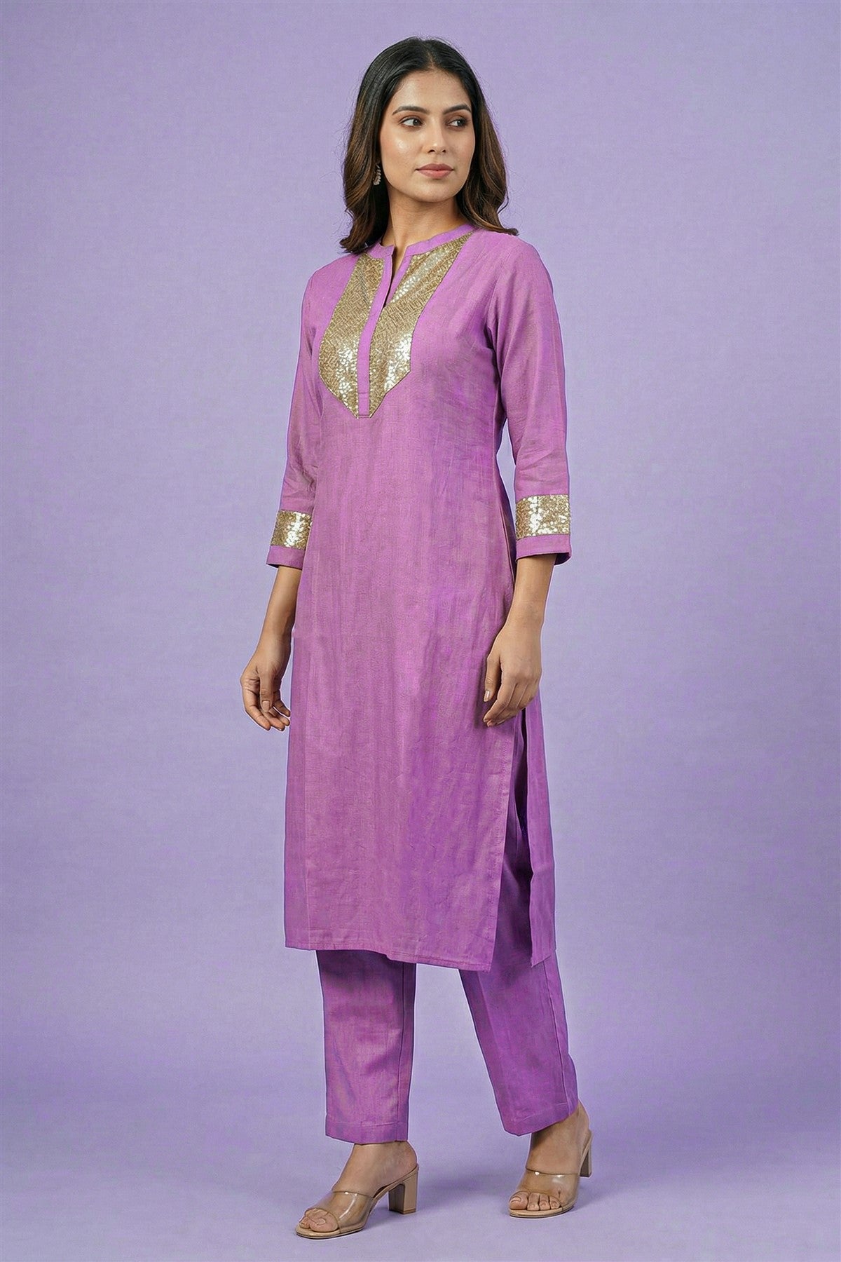Mul Chanderi Solid Mauve Kurti Set