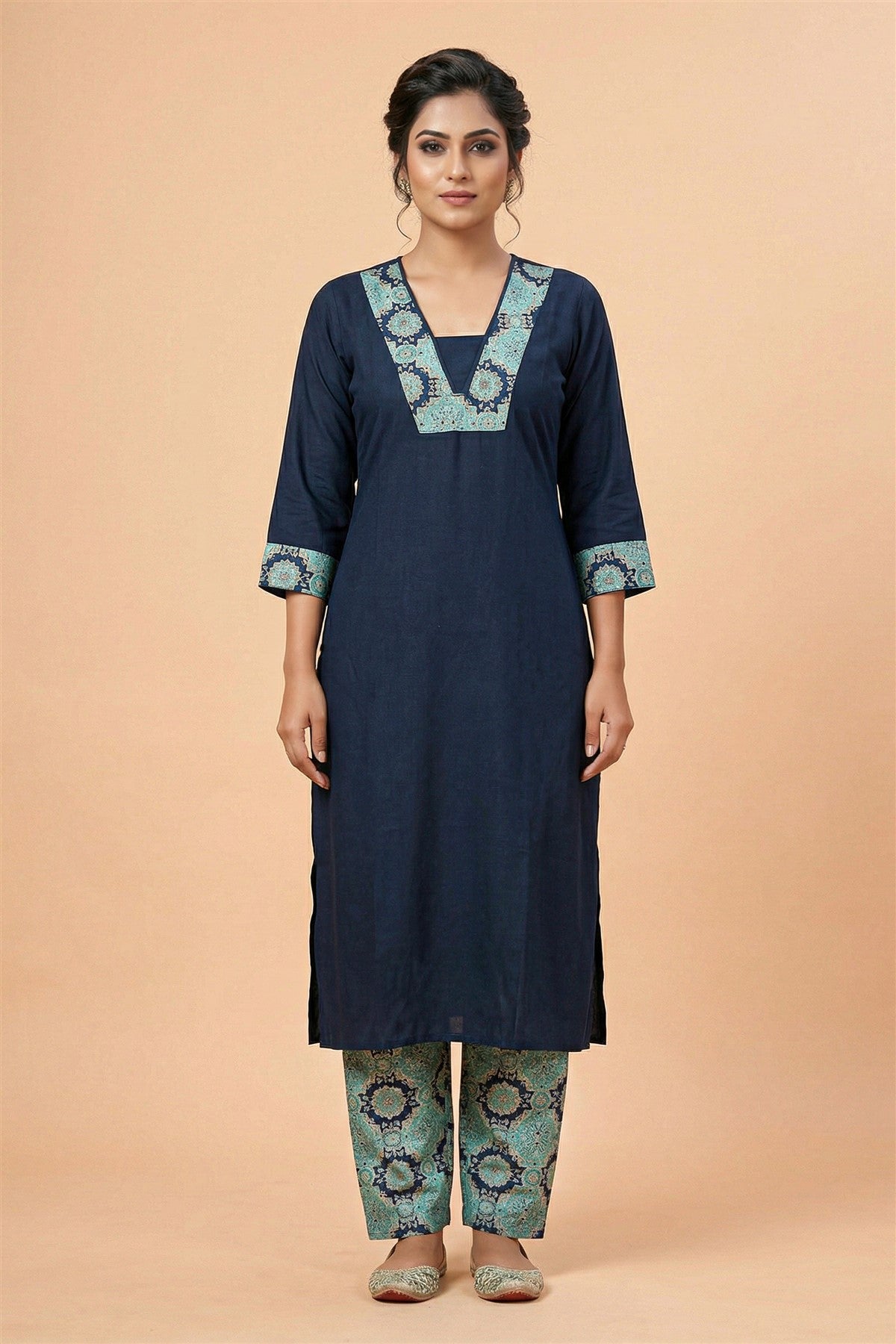 Mul Chanderi Printed Navy Blue Kurti Set