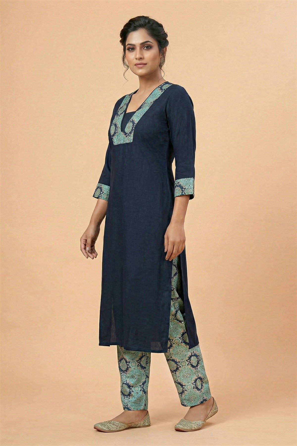 Mul Chanderi Printed Navy Blue Kurti Set