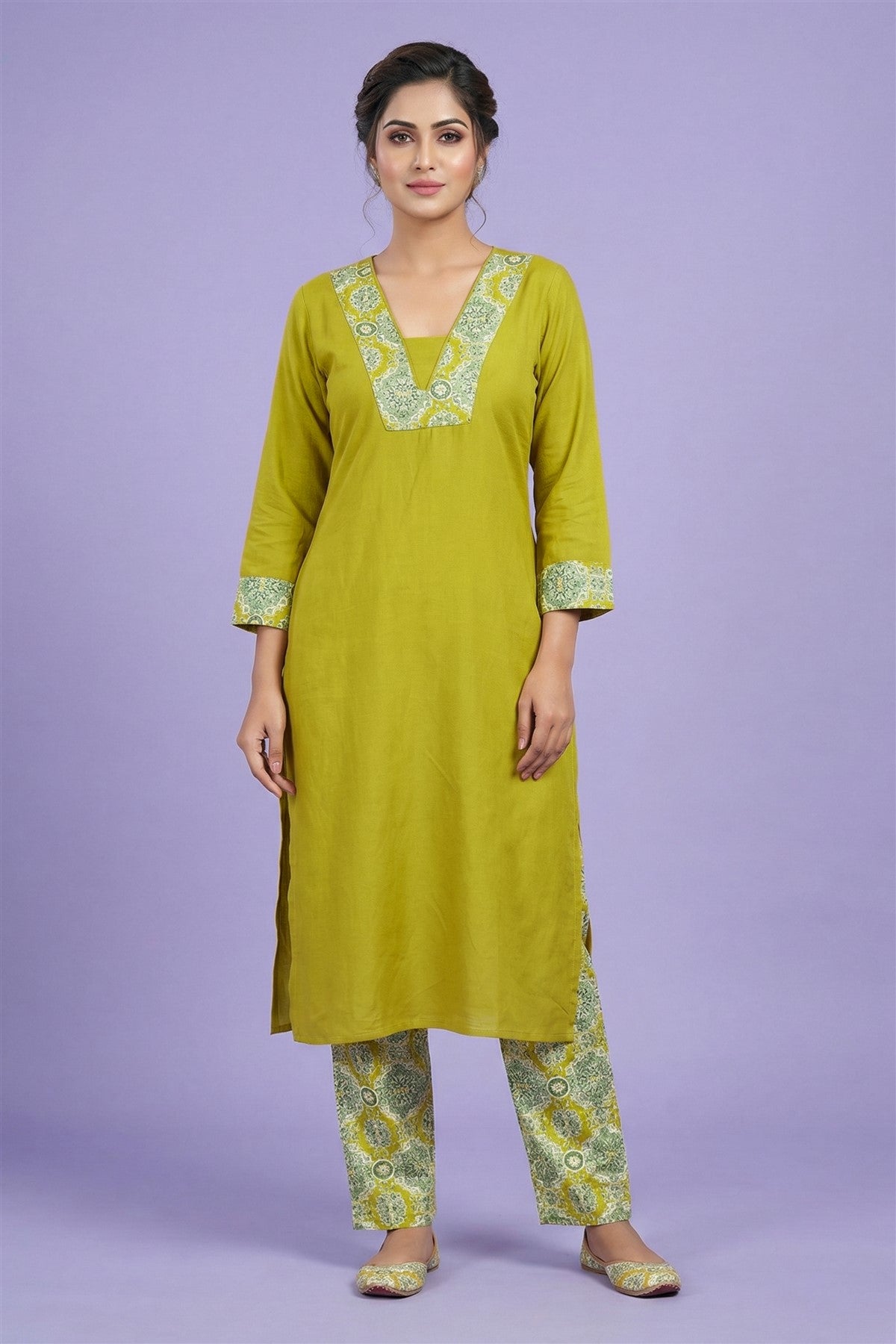 Mul Chanderi Printed Lime Green Kurti Set