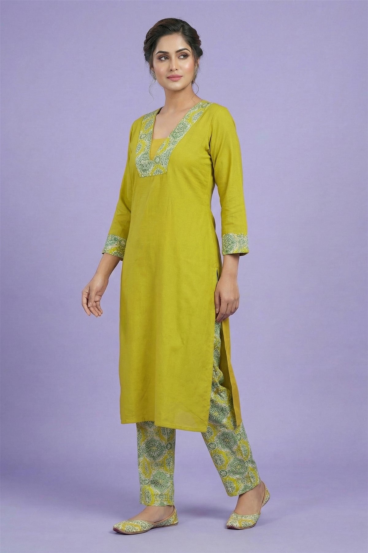 Mul Chanderi Printed Lime Green Kurti Set