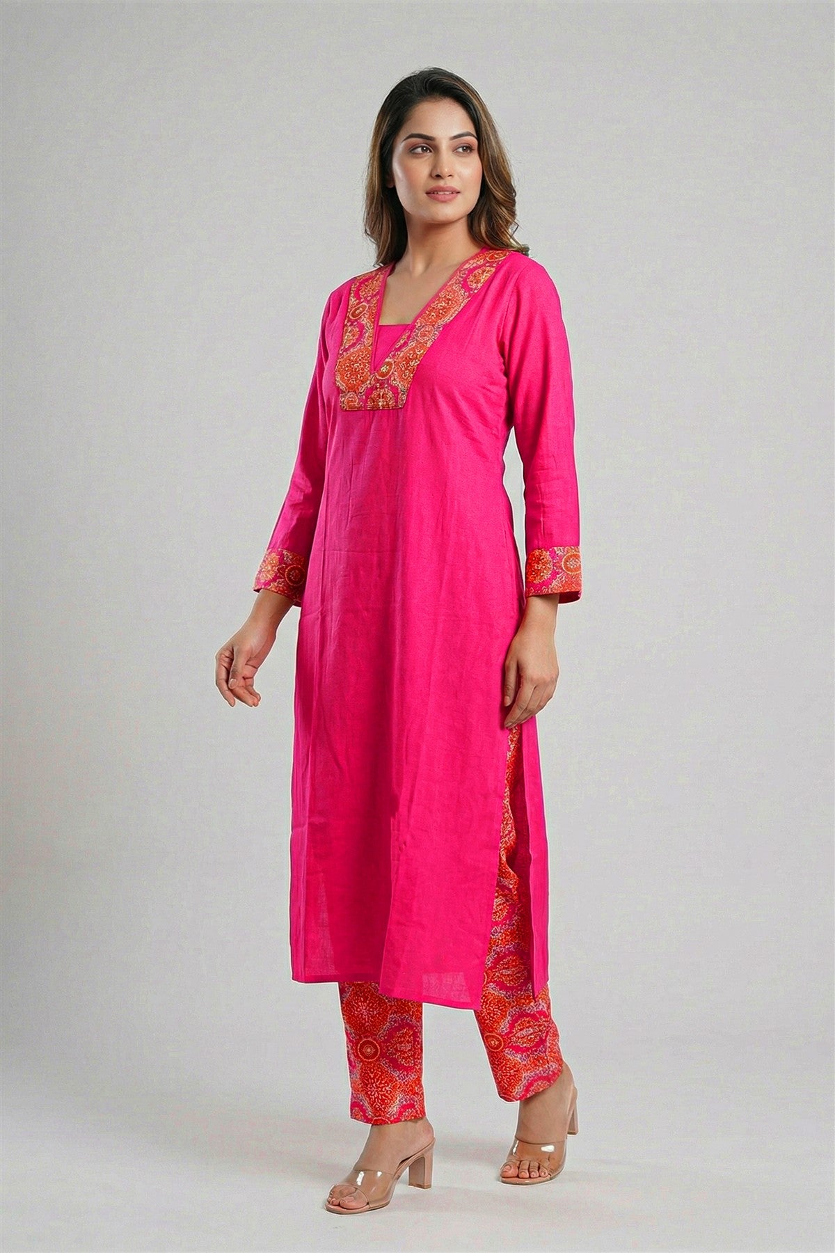 Mul Chanderi Printed Pink Kurti Set