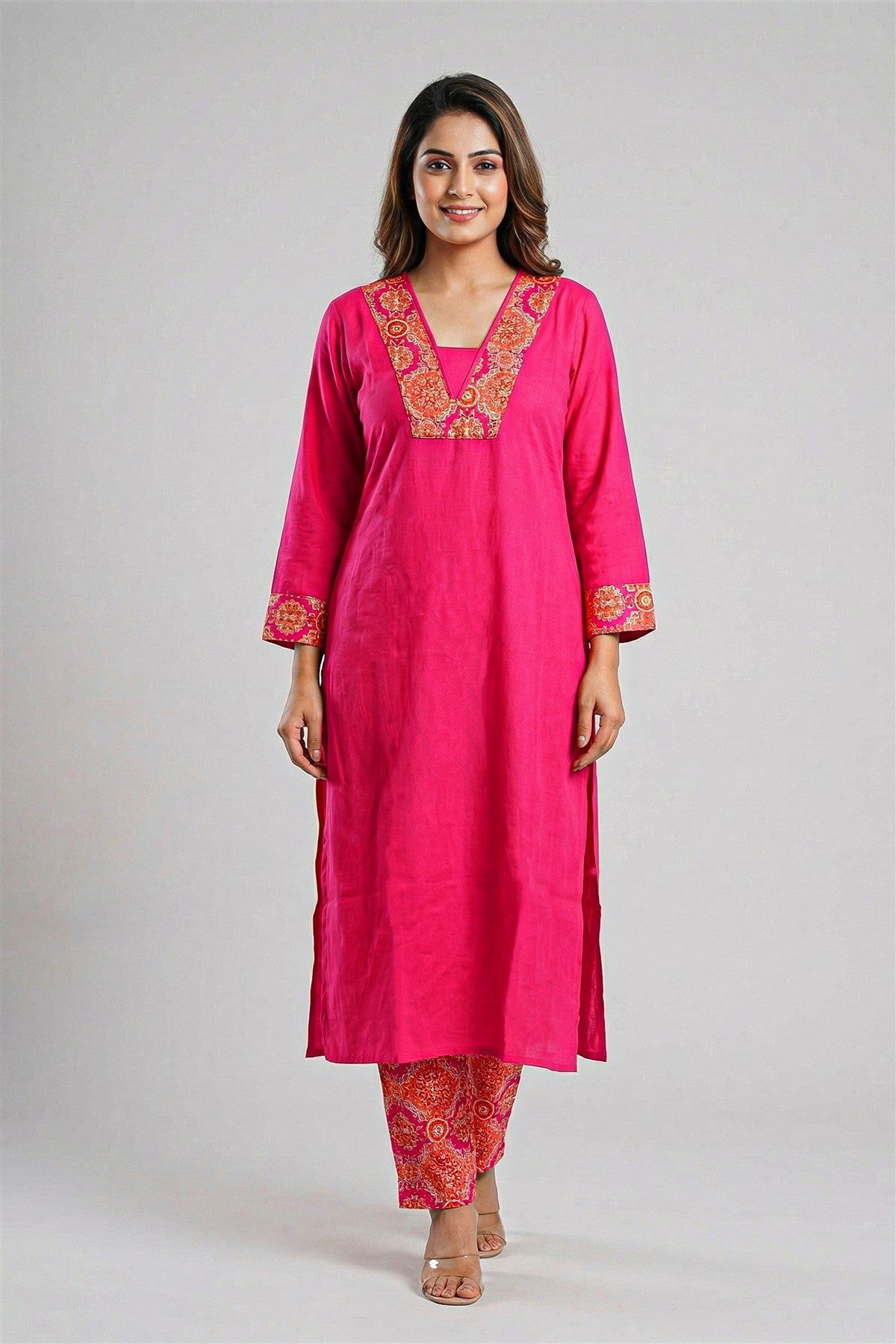 Mul Chanderi Printed Pink Kurti Set