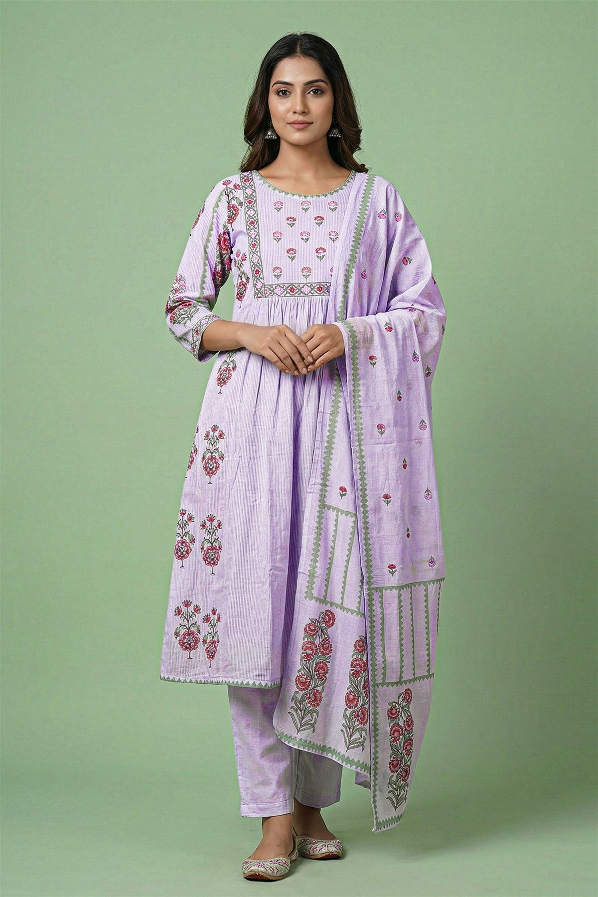 Mul Cotton Printed Lavender Kurti Set With Dupatta